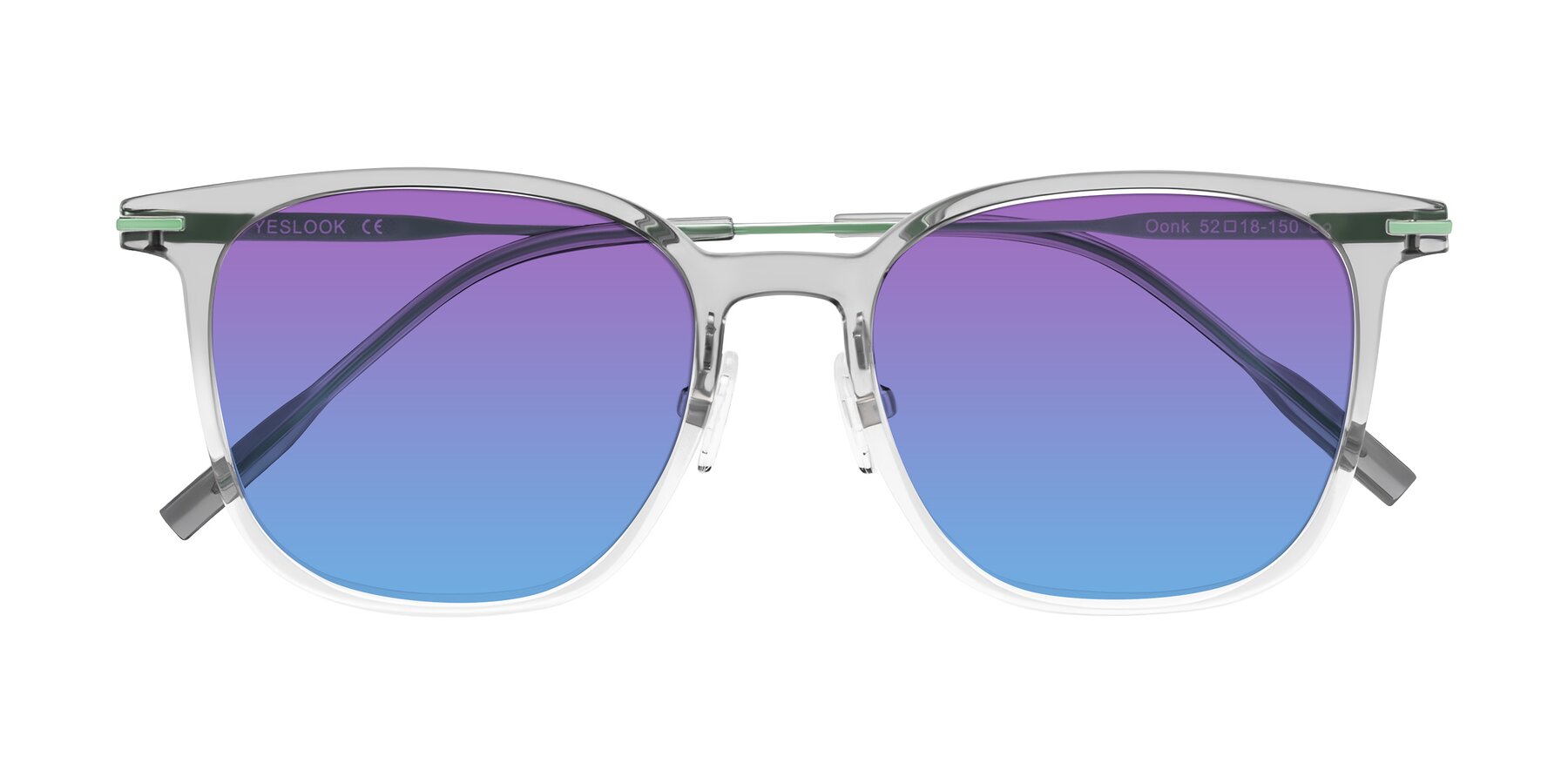 Folded Front of Oonk in Gradient Light Gray/Clear with Purple / Blue Gradient Lenses