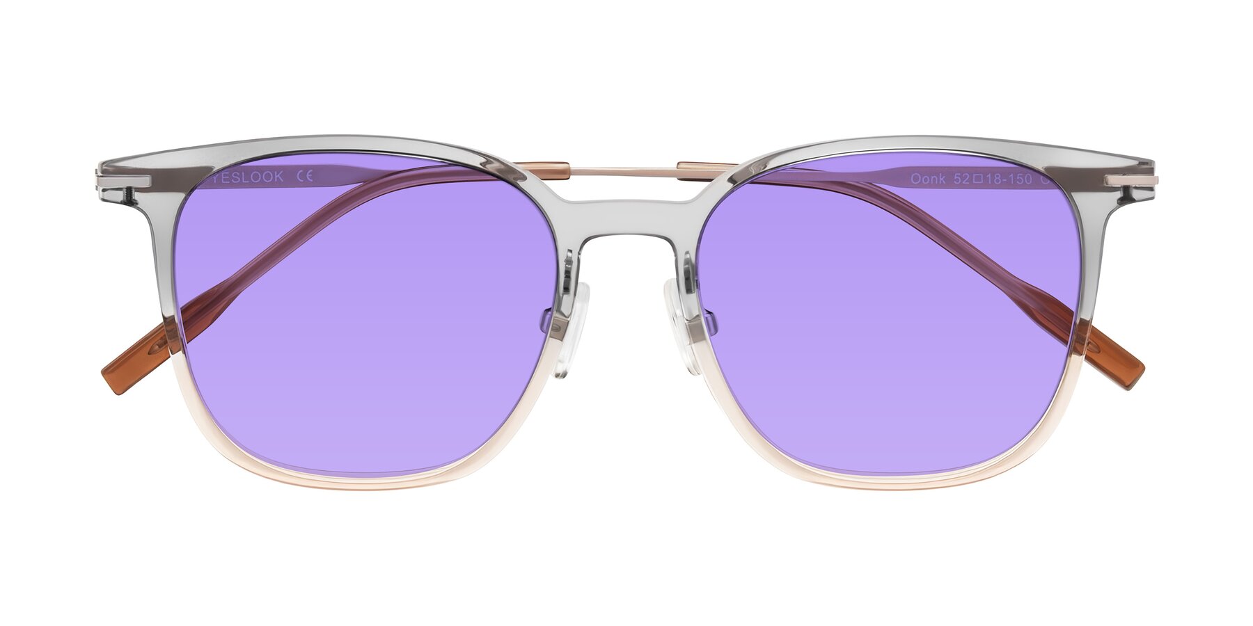 Folded Front of Oonk in Gradient Light Gray/Brown with Medium Purple Tinted Lenses