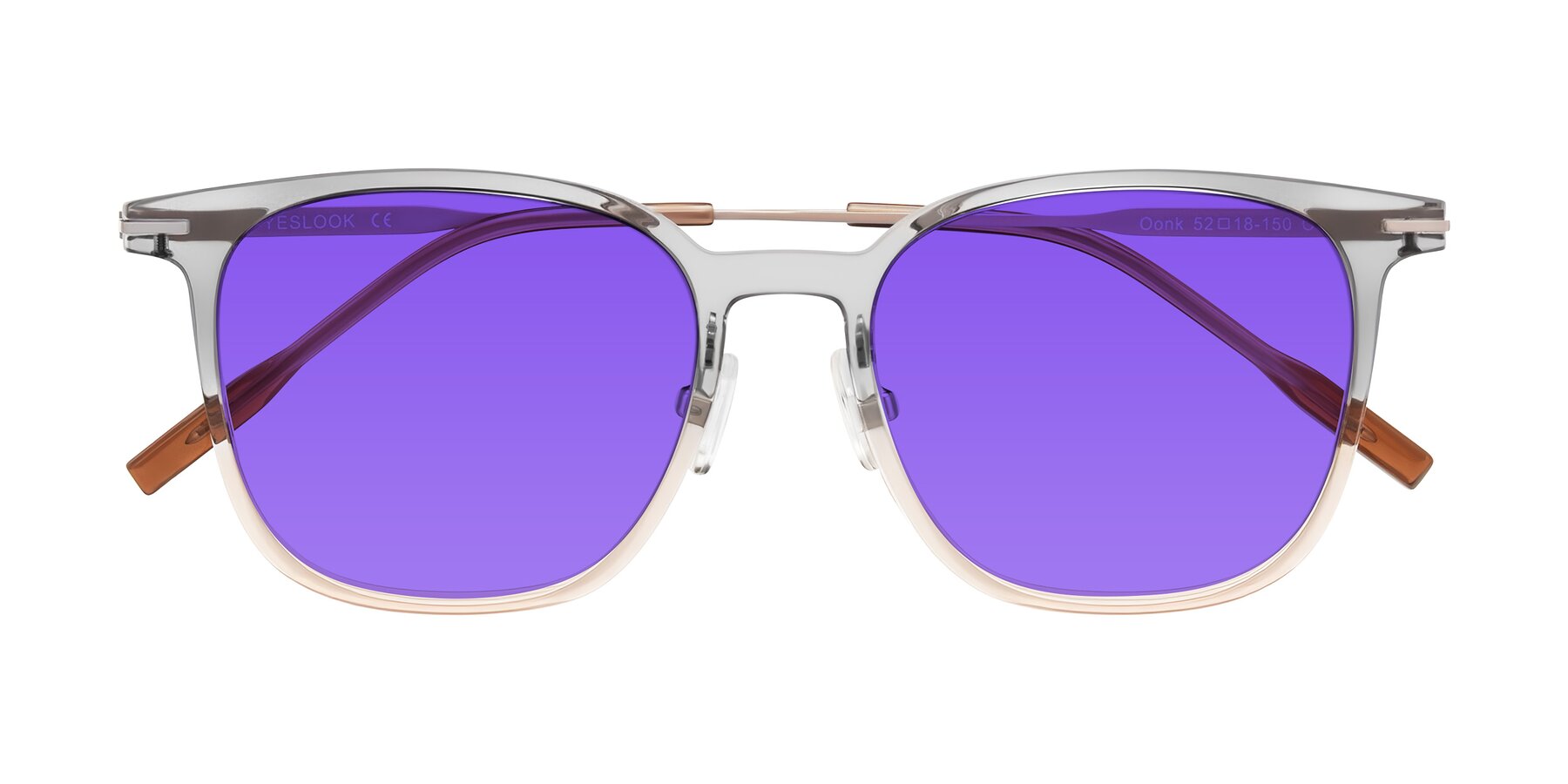 Folded Front of Oonk in Gradient Light Gray/Brown with Purple Tinted Lenses