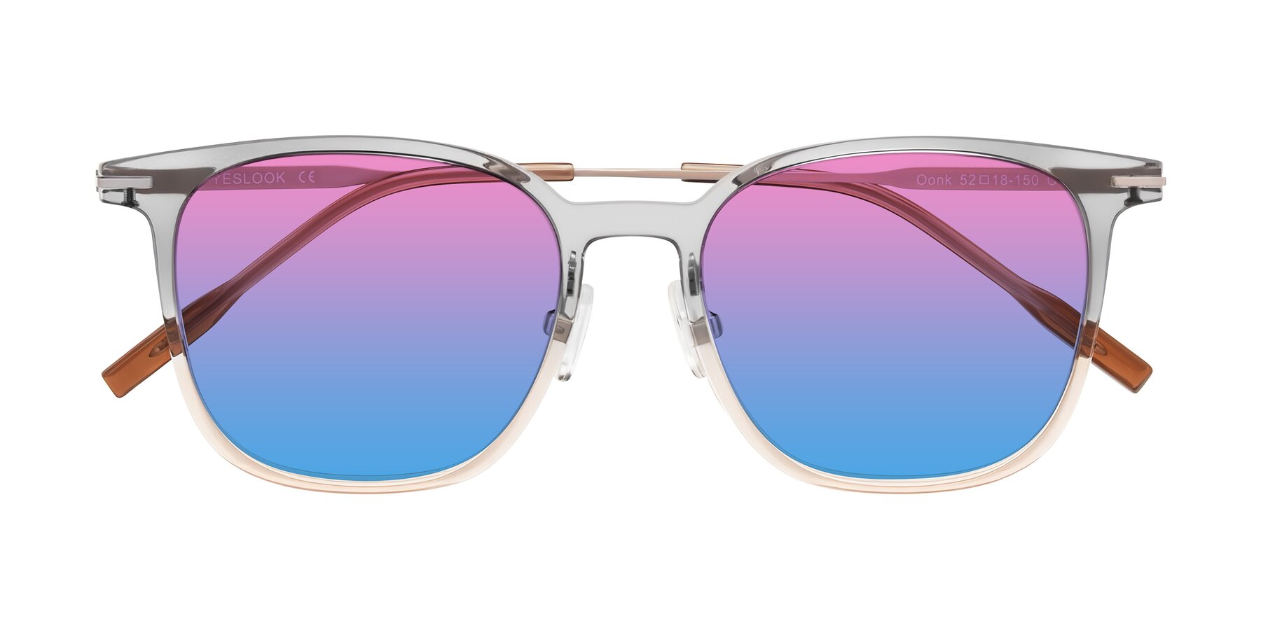 Folded Front of Oonk in Gradient Light Gray/Brown with Pink / Blue Gradient Lenses