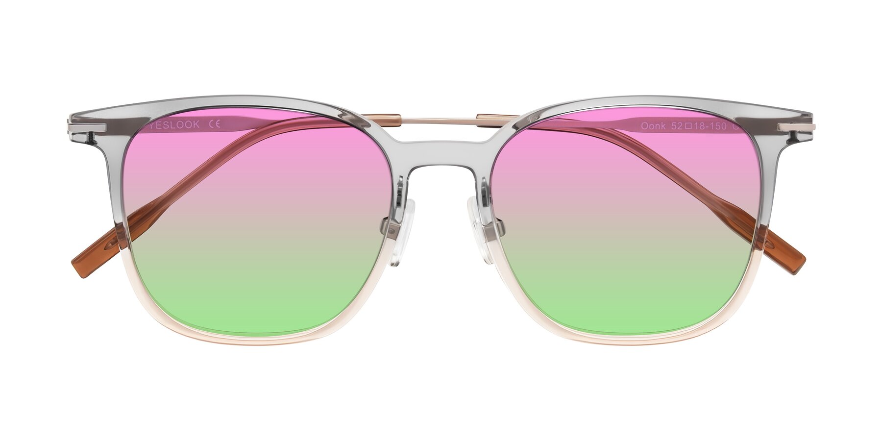 Folded Front of Oonk in Gradient Light Gray/Brown with Pink / Green Gradient Lenses