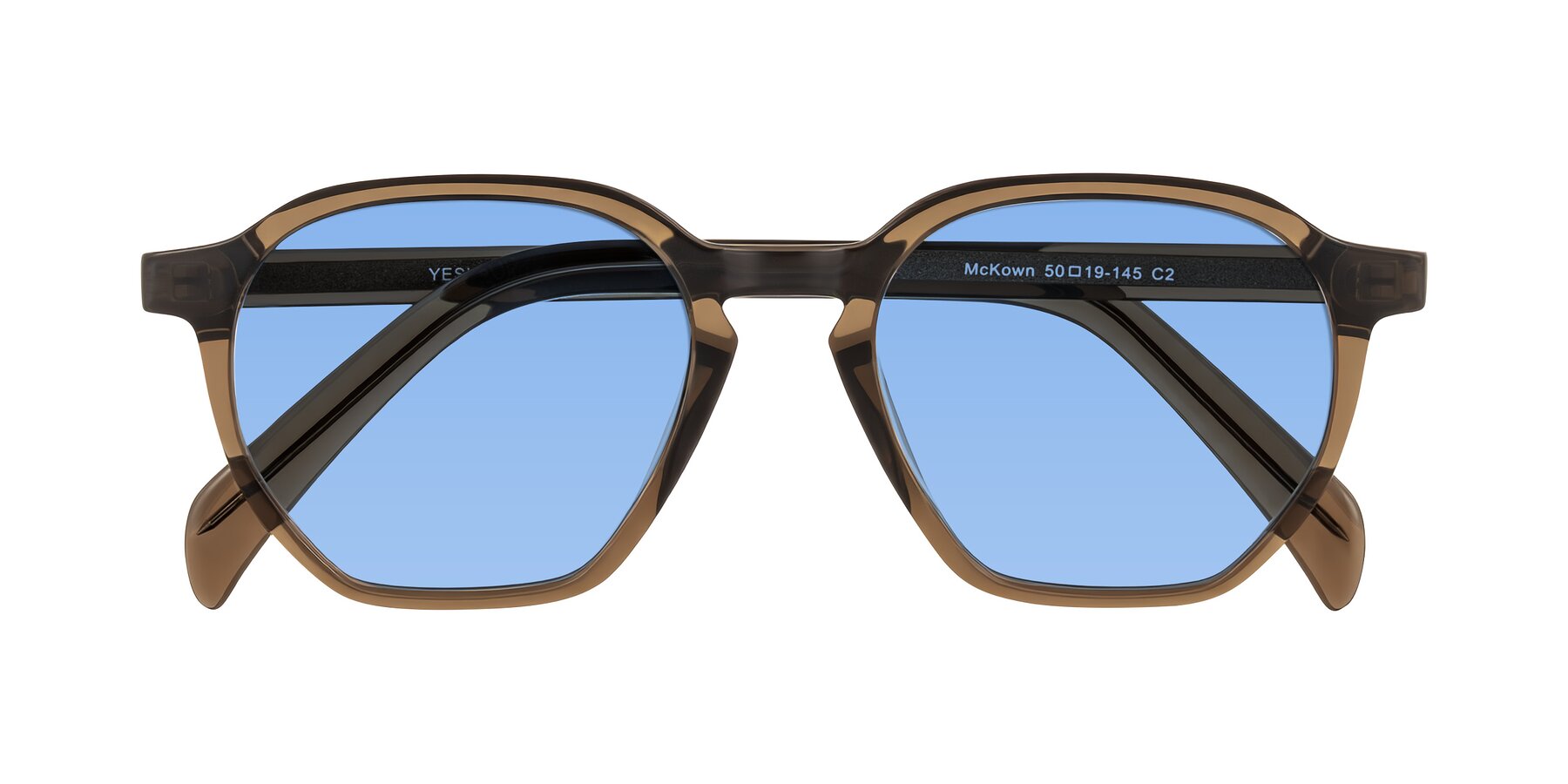 Folded Front of McKown in Brown with Medium Blue Tinted Lenses