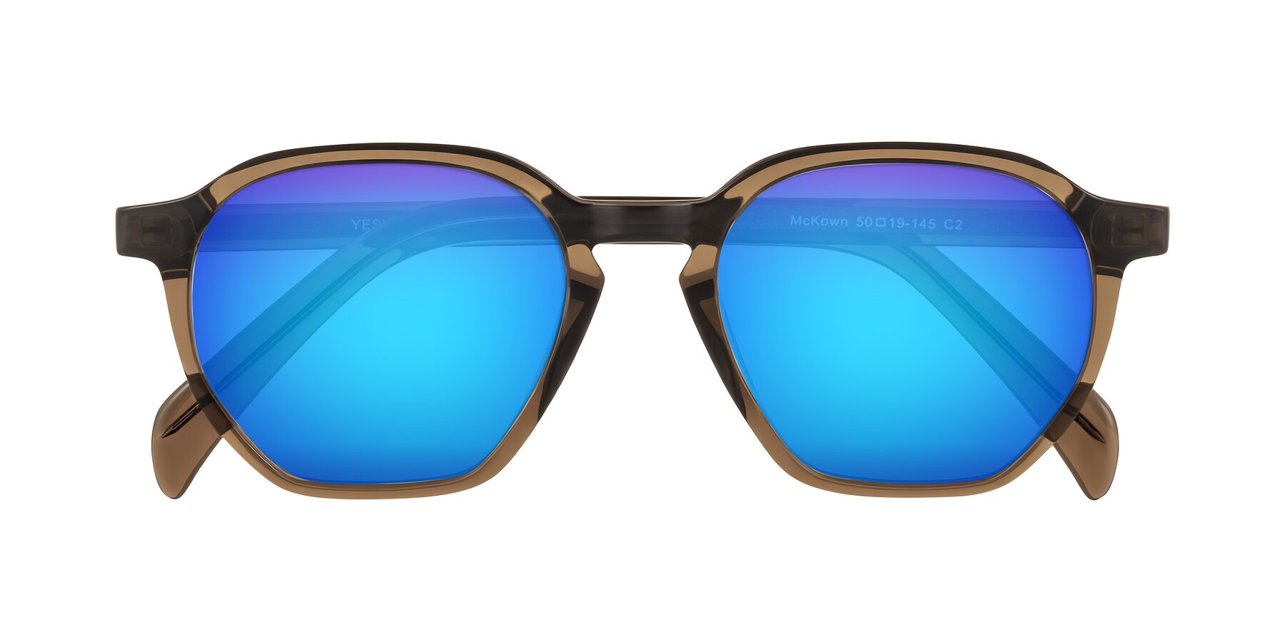 Folded Front of McKown in Brown with Blue Mirrored Lenses