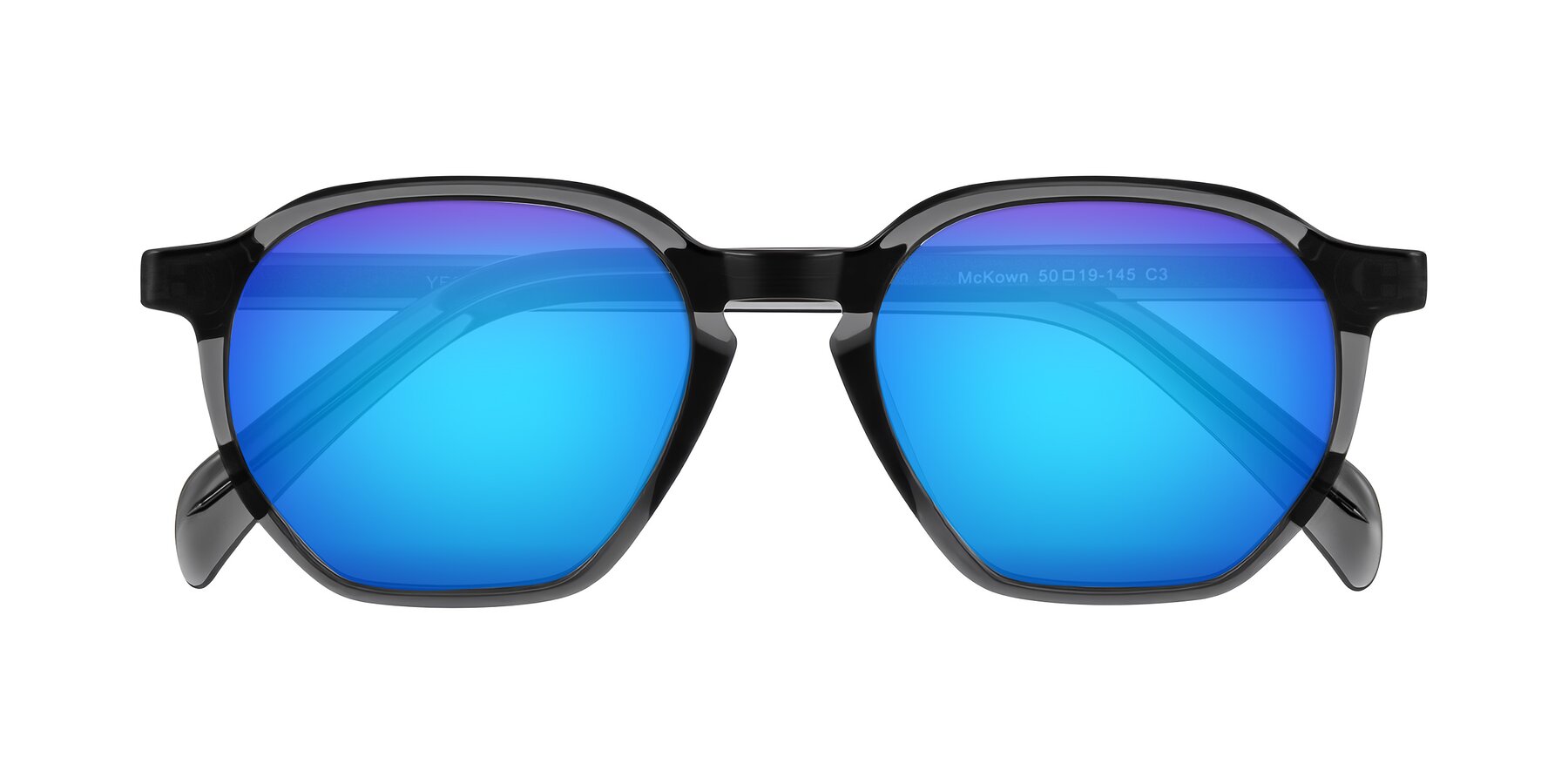 Folded Front of McKown in Gray with Blue Mirrored Lenses