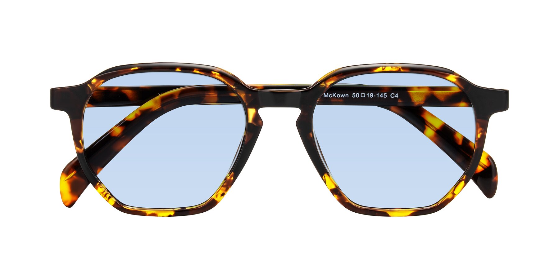 Folded Front of McKown in Tortise with Light Blue Tinted Lenses