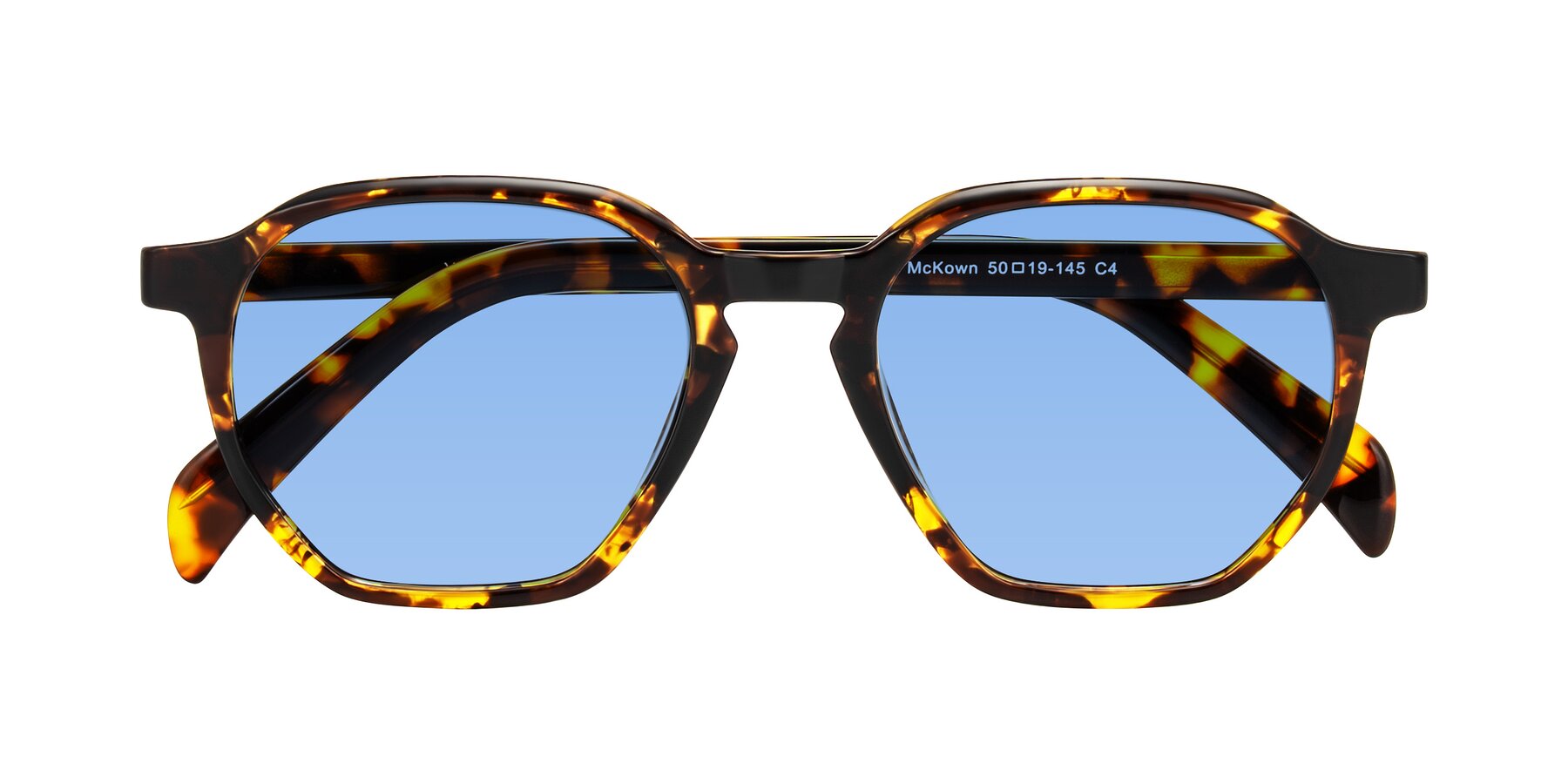 Folded Front of McKown in Tortise with Medium Blue Tinted Lenses