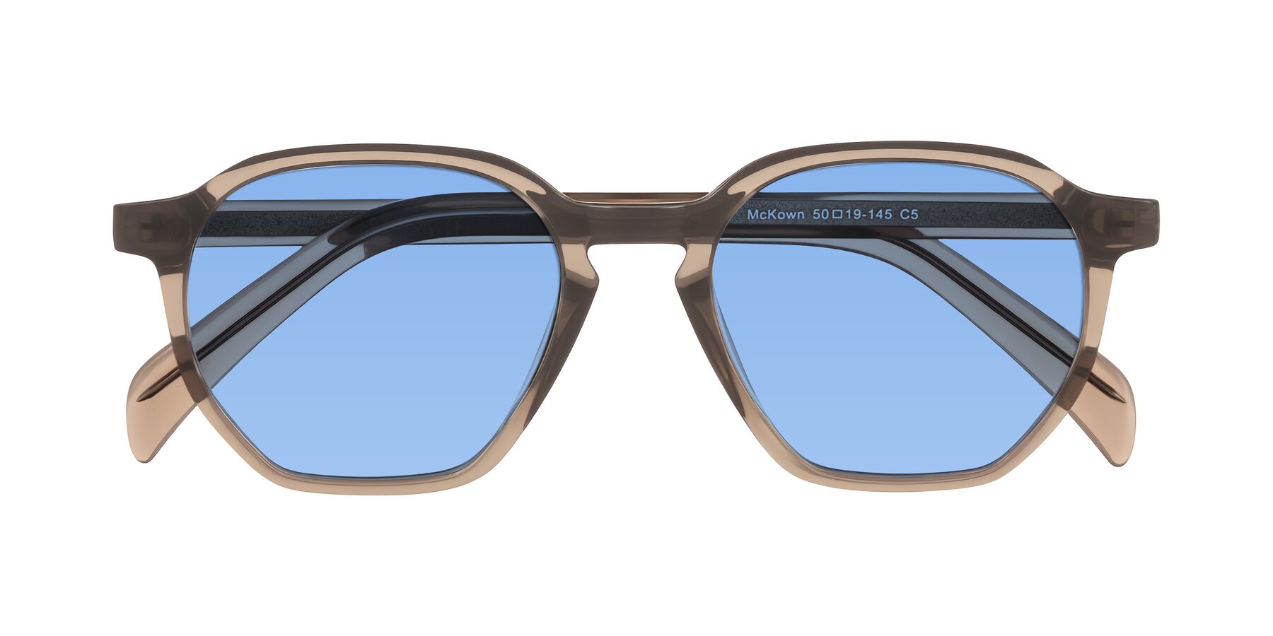 Folded Front of McKown in Milky Brown with Medium Blue Tinted Lenses