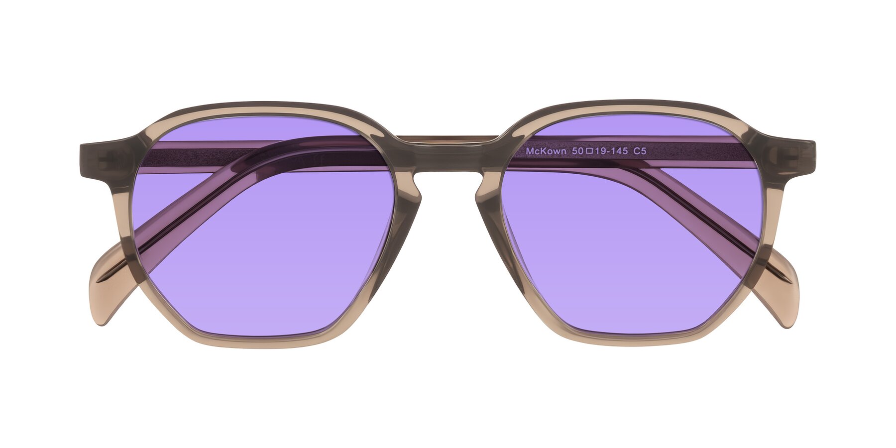 Folded Front of McKown in Milky Brown with Medium Purple Tinted Lenses