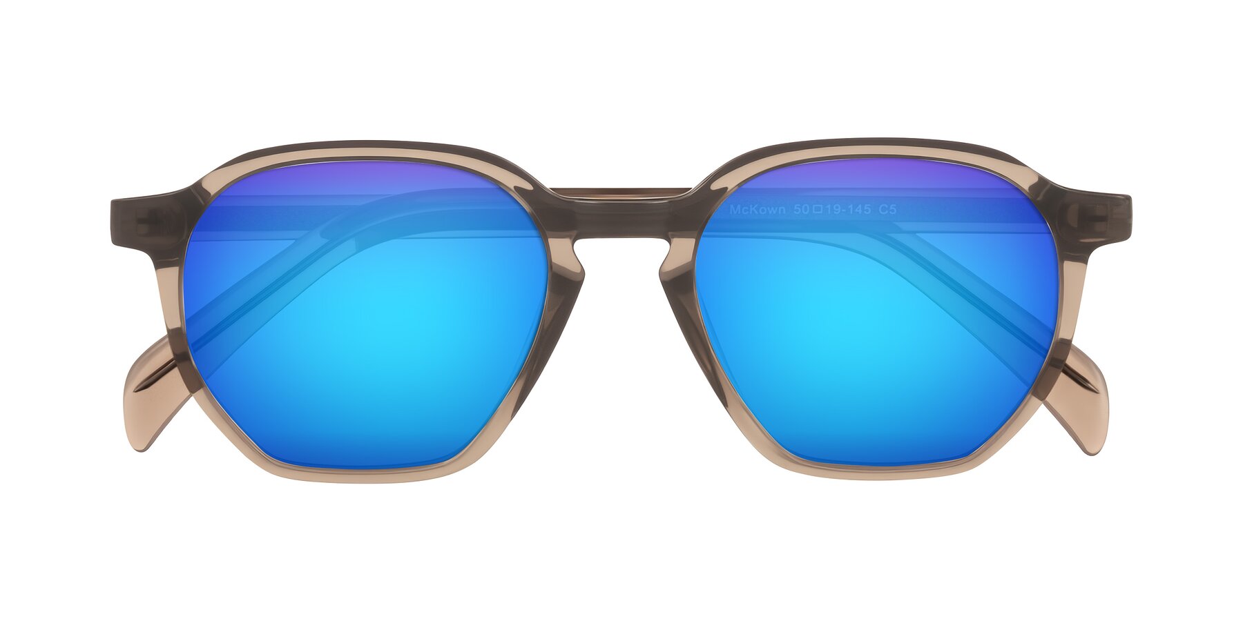 Folded Front of McKown in Milky Brown with Blue Mirrored Lenses