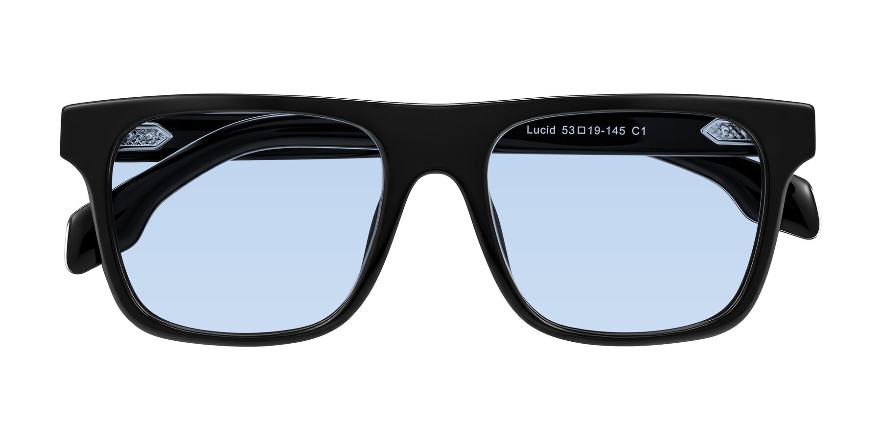 Folded Front of Lucid in Black with Light Blue Tinted Lenses