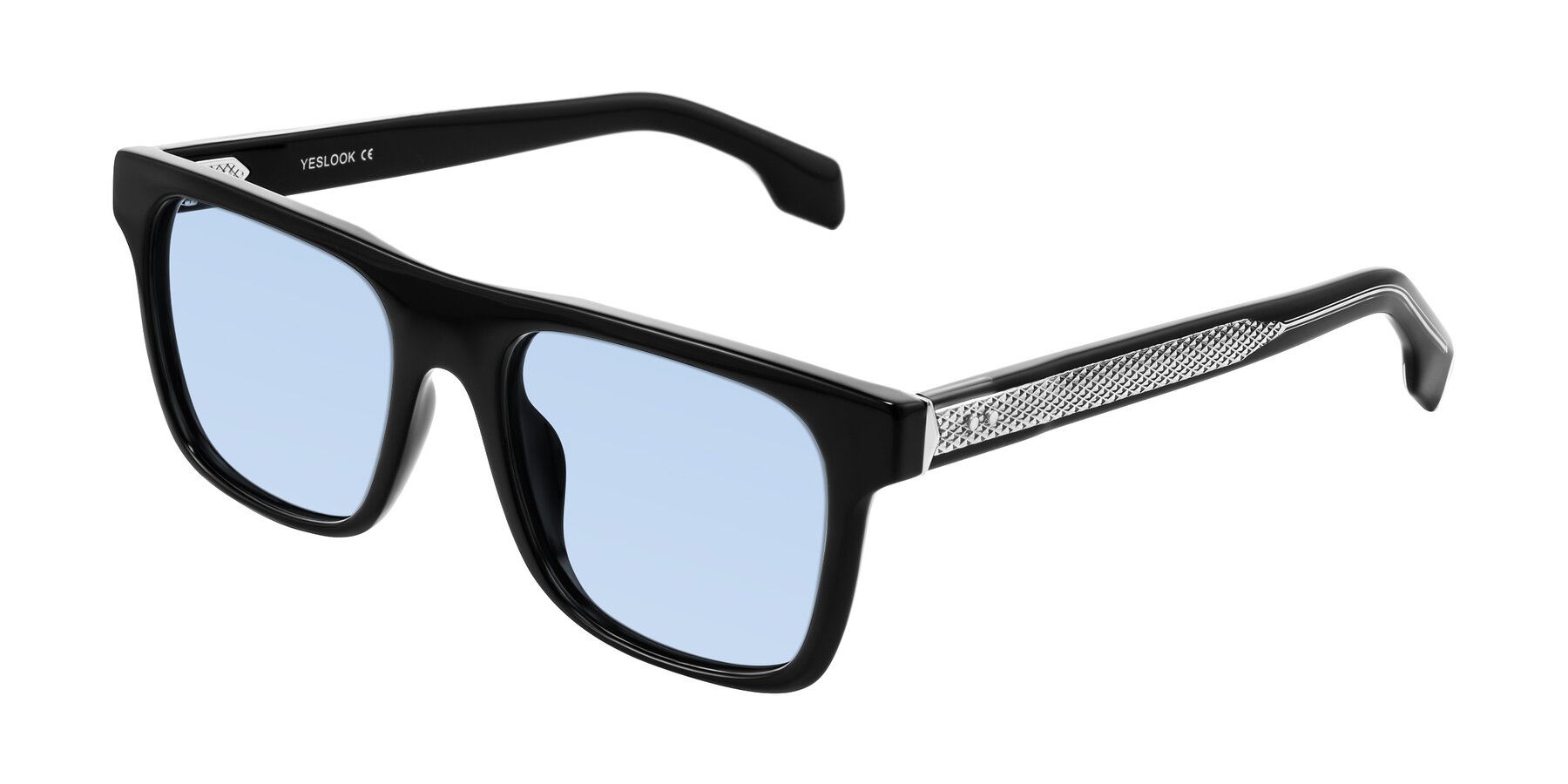 Angle of Lucid in Black with Light Blue Tinted Lenses