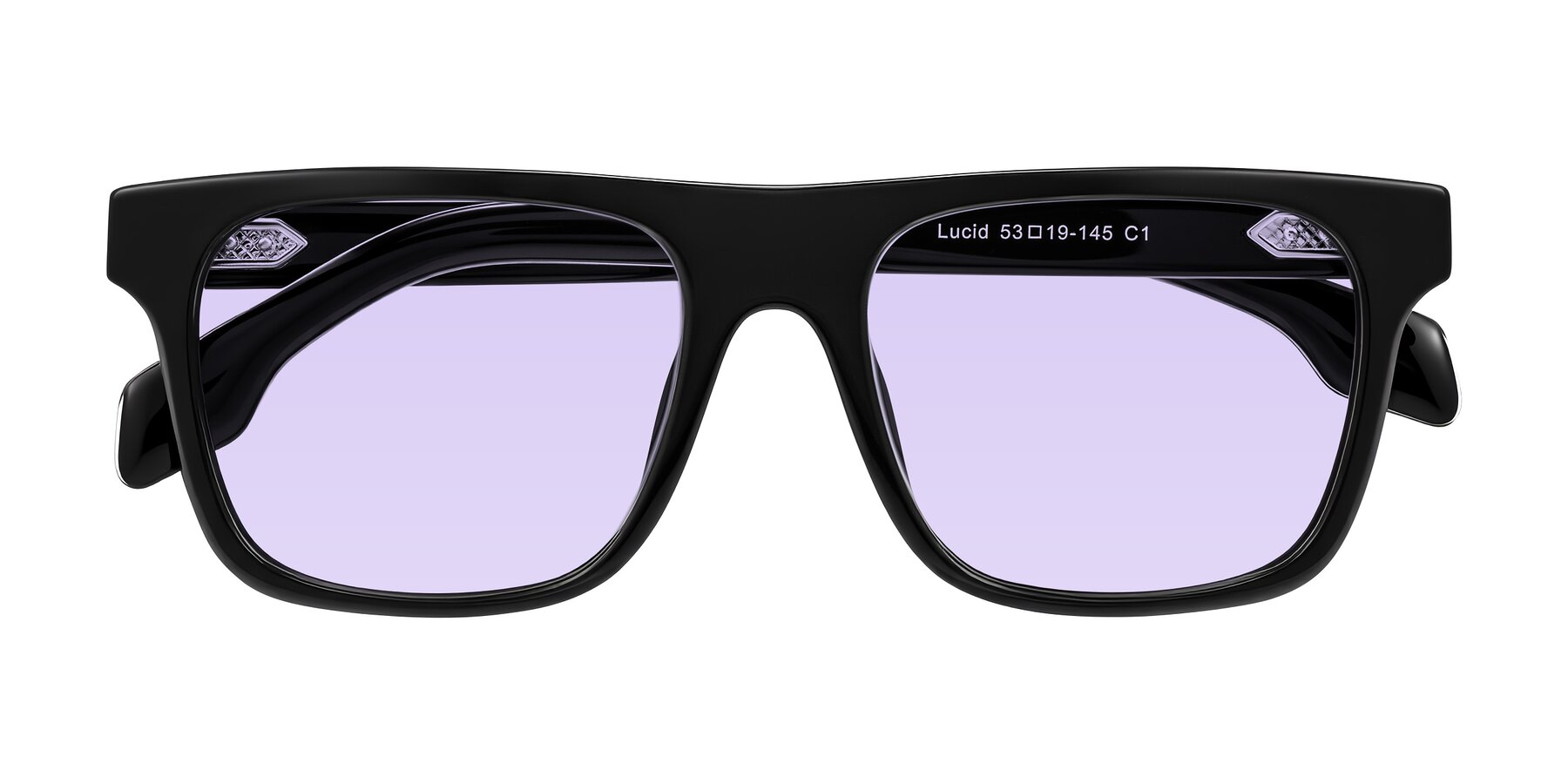 Folded Front of Lucid in Black with Light Purple Tinted Lenses