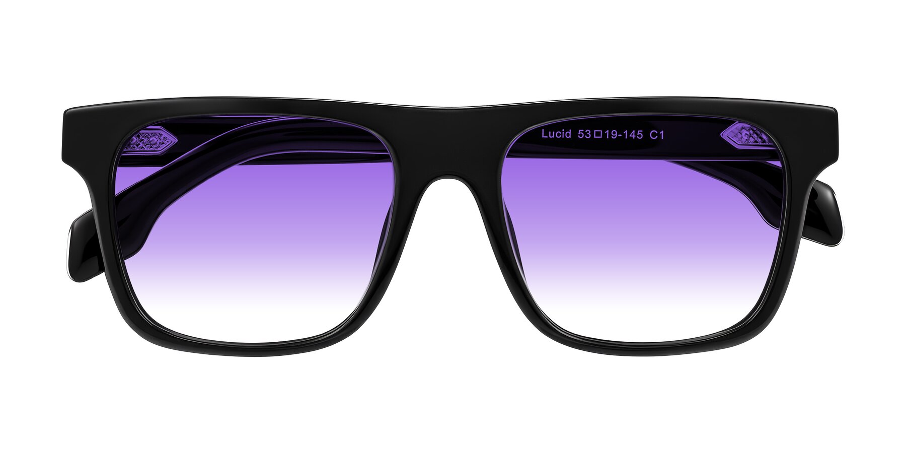 Folded Front of Lucid in Black with Purple Gradient Lenses