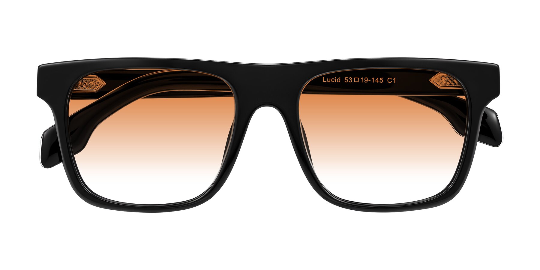 Folded Front of Lucid in Black with Orange Gradient Lenses