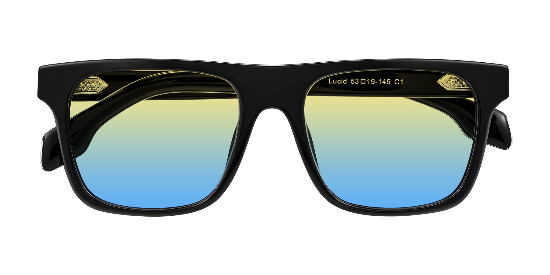 Folded Front of Lucid in Black with Yellow / Blue Gradient Lenses