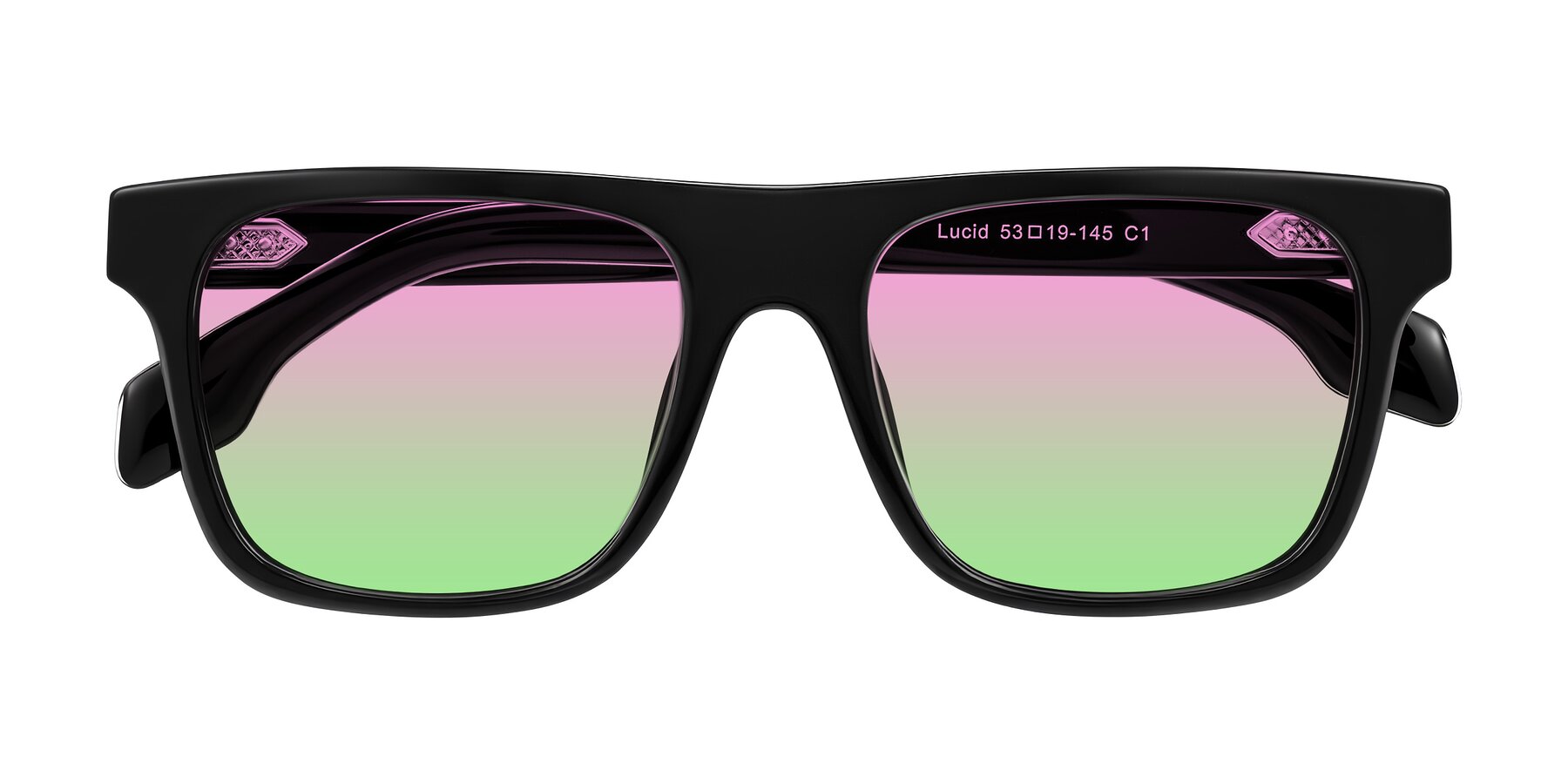 Folded Front of Lucid in Black with Pink / Green Gradient Lenses
