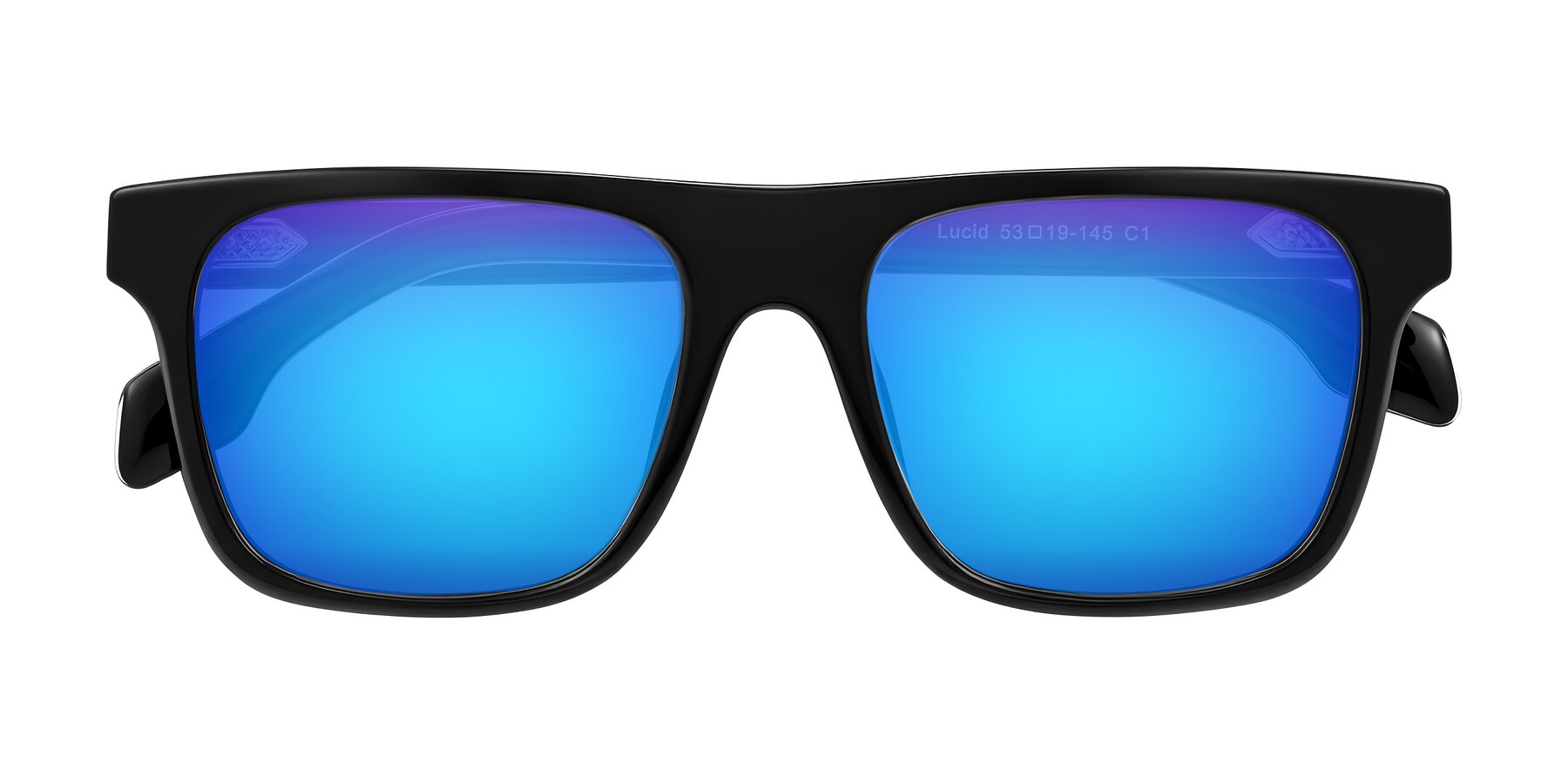 Folded Front of Lucid in Black with Blue Mirrored Lenses