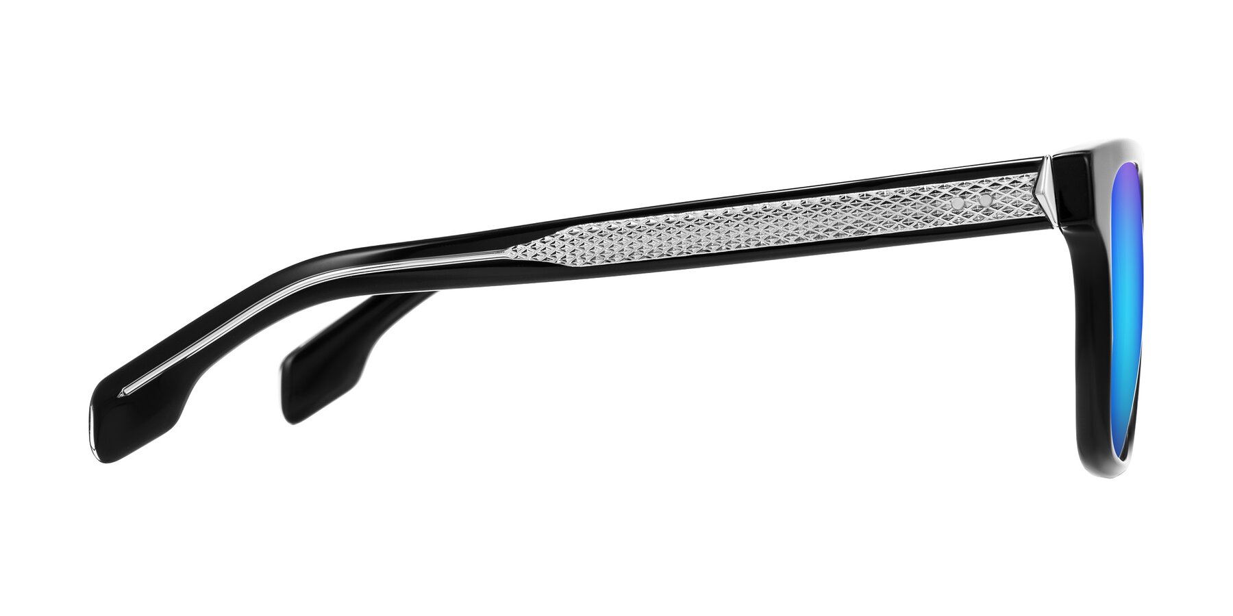 Side of Lucid in Black with Blue Mirrored Lenses