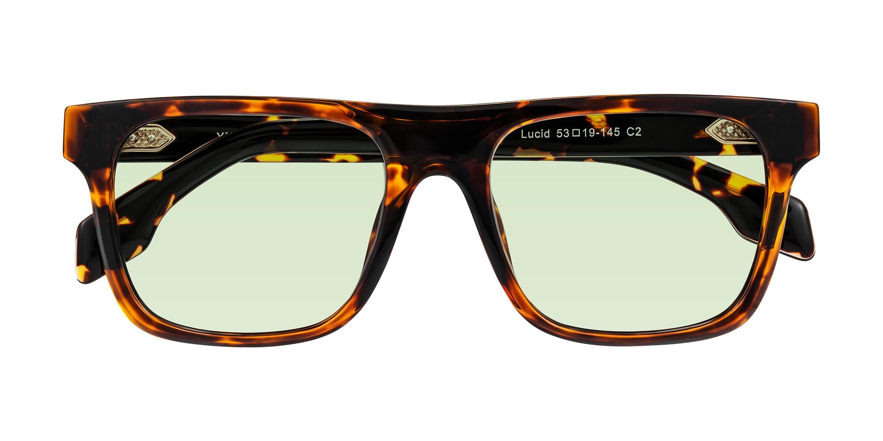 Folded Front of Lucid in Tortoise with Light Green Tinted Lenses