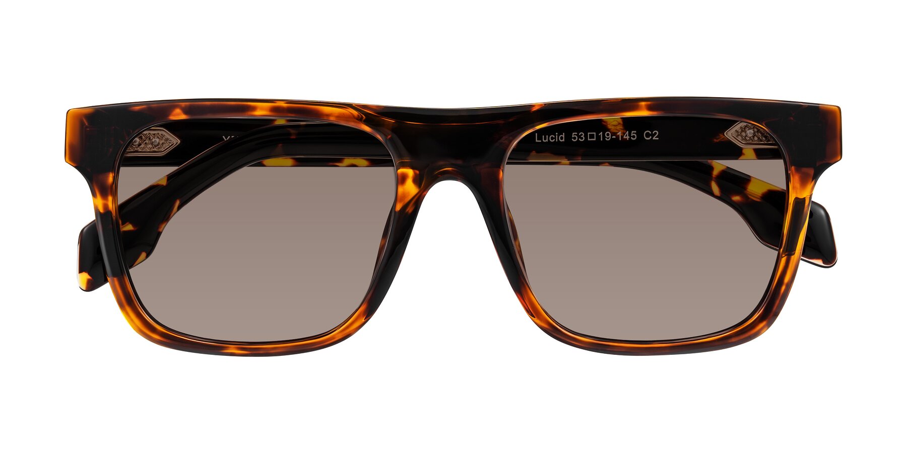 Folded Front of Lucid in Tortoise with Medium Brown Tinted Lenses