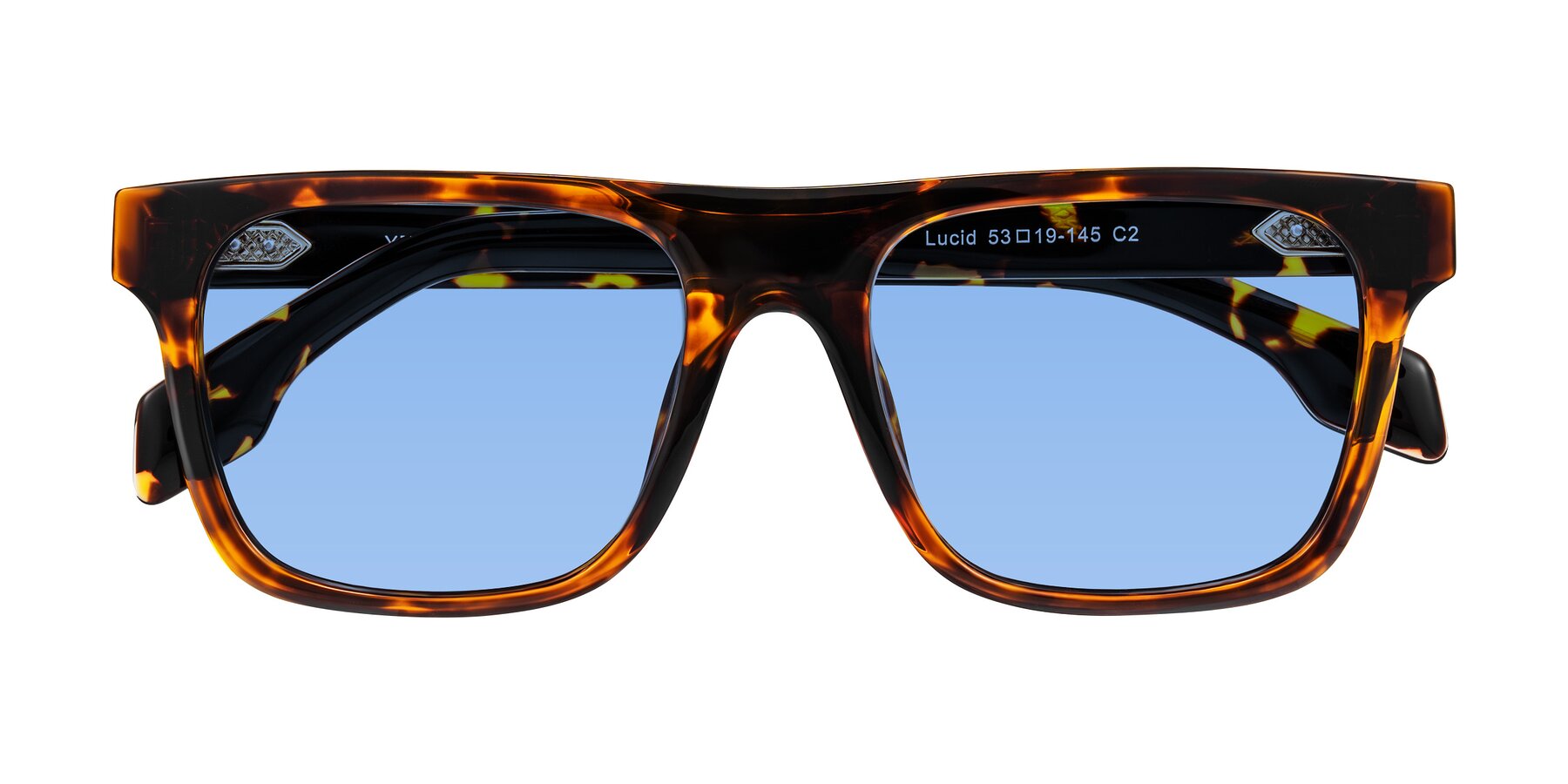 Folded Front of Lucid in Tortoise with Medium Blue Tinted Lenses