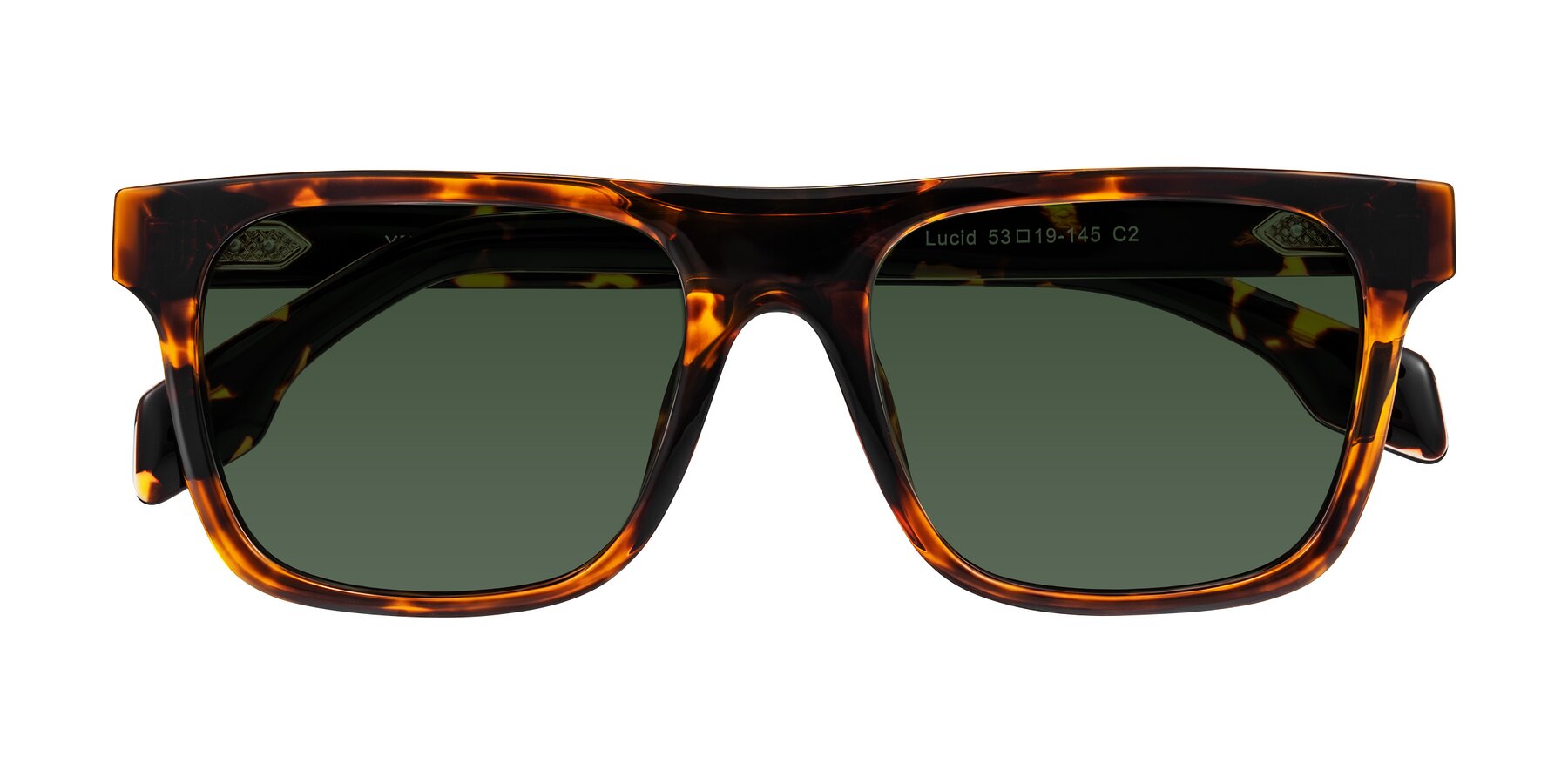 Folded Front of Lucid in Tortoise with Green Tinted Lenses