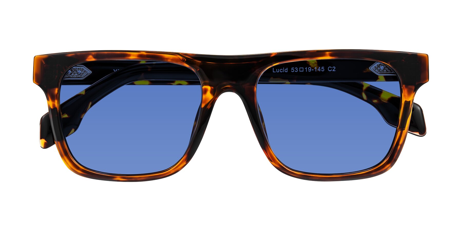 Folded Front of Lucid in Tortoise with Blue Tinted Lenses