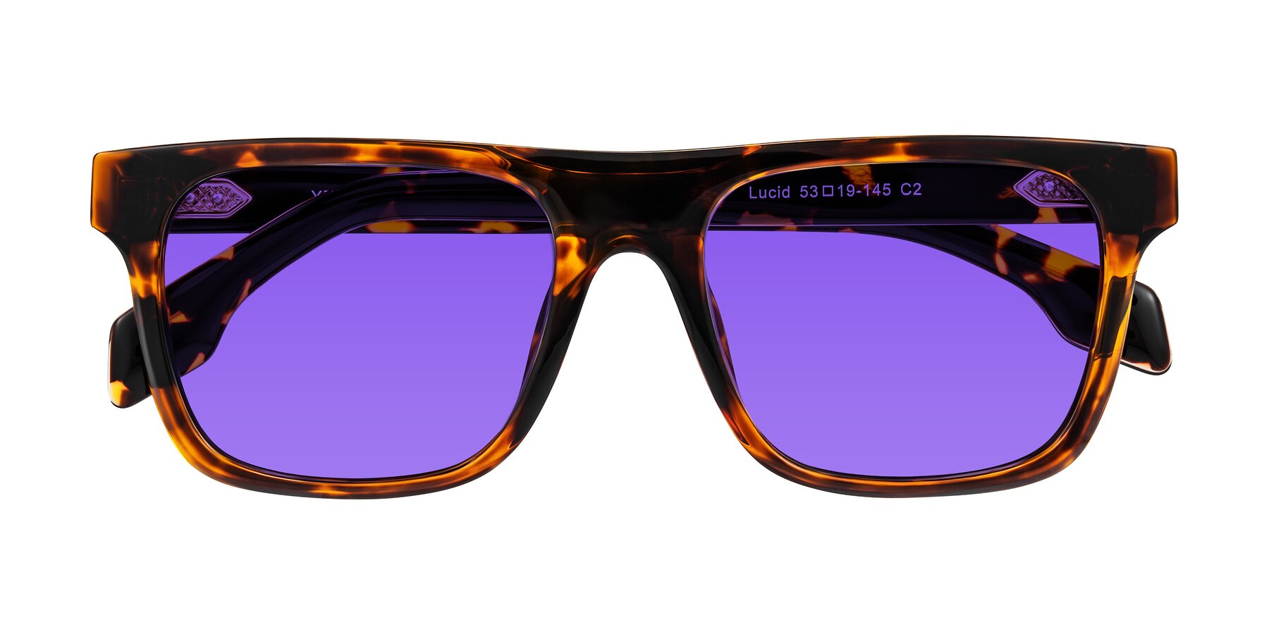 Folded Front of Lucid in Tortoise with Purple Tinted Lenses