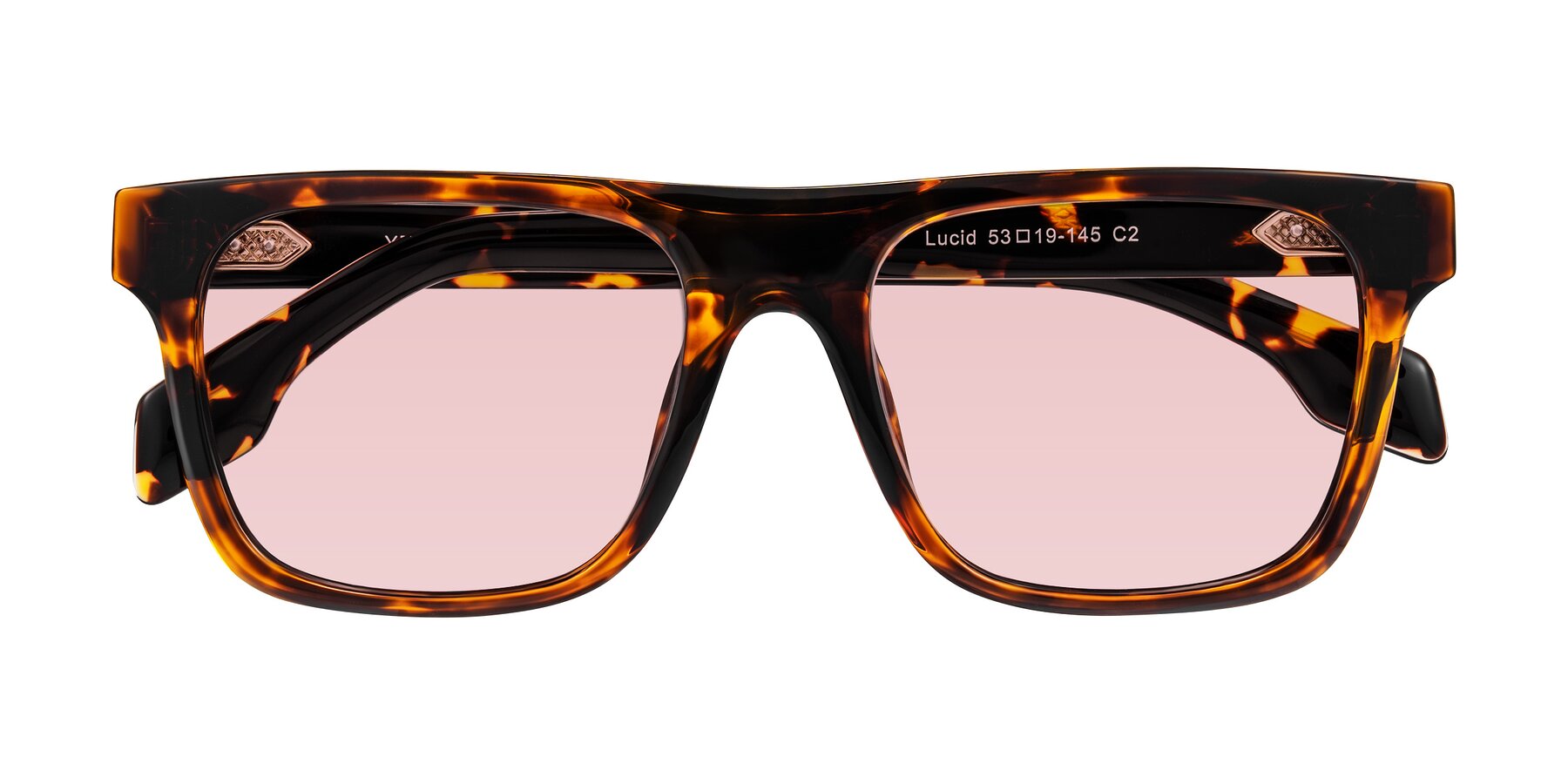 Folded Front of Lucid in Tortoise with Light Garnet Tinted Lenses