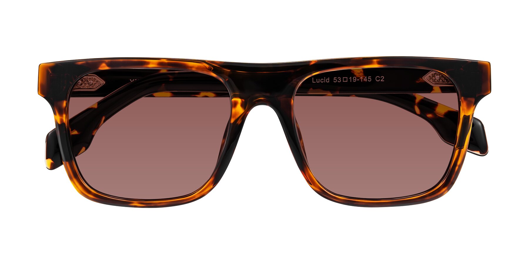 Folded Front of Lucid in Tortoise with Garnet Tinted Lenses