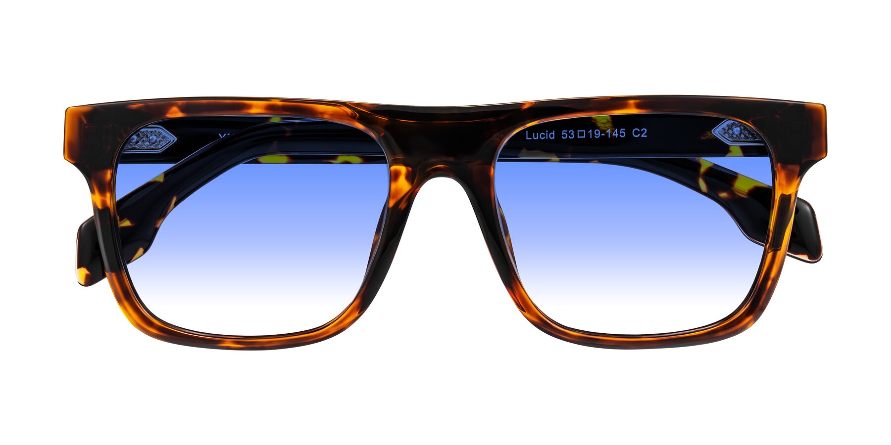 Folded Front of Lucid in Tortoise with Blue Gradient Lenses