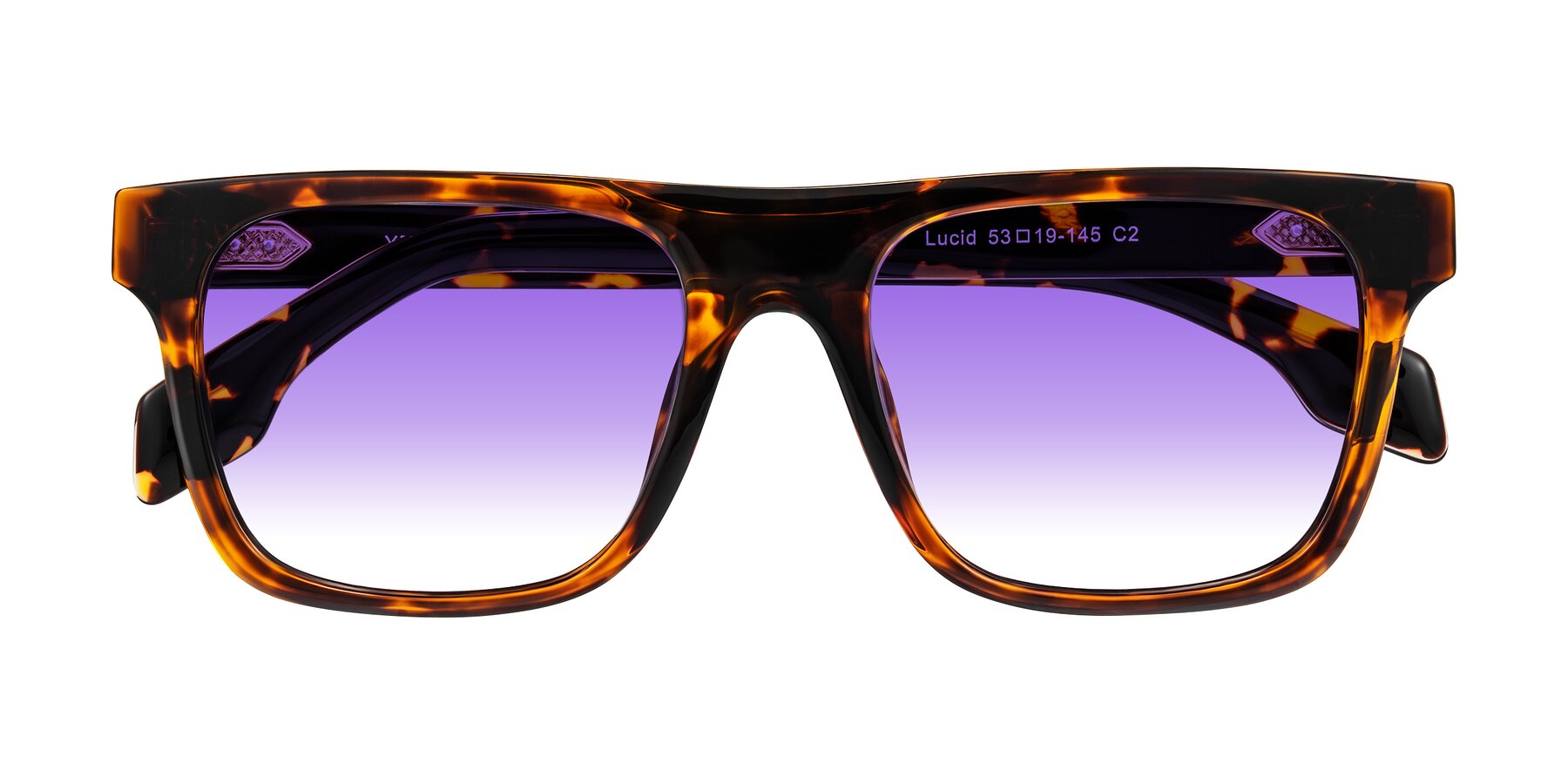 Folded Front of Lucid in Tortoise with Purple Gradient Lenses