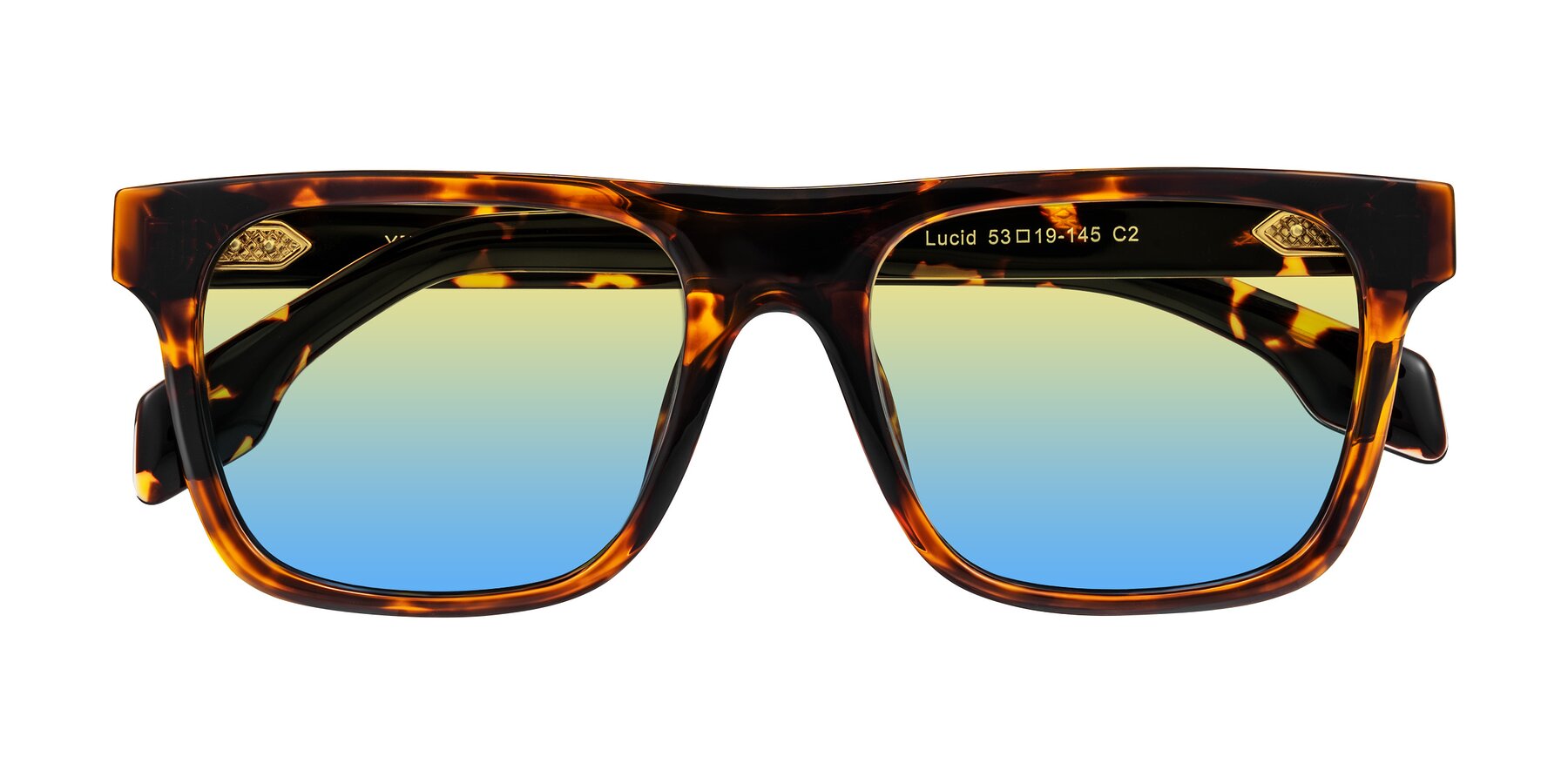 Folded Front of Lucid in Tortoise with Yellow / Blue Gradient Lenses