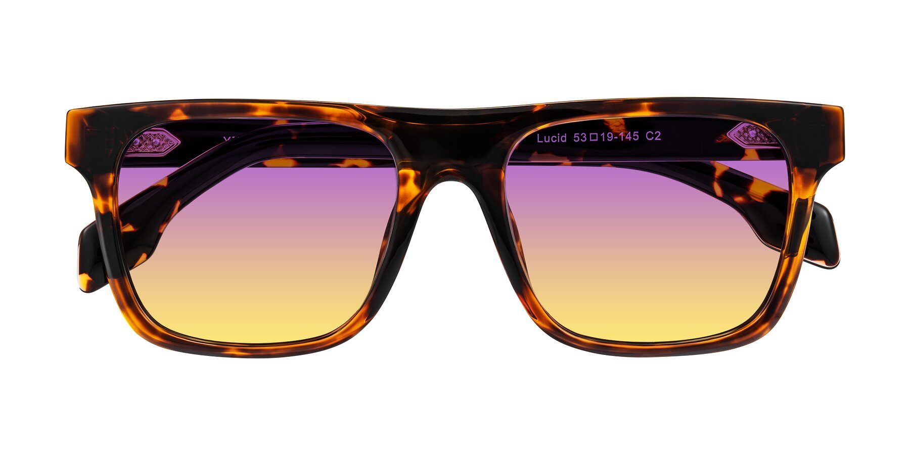 Folded Front of Lucid in Tortoise with Purple / Yellow Gradient Lenses