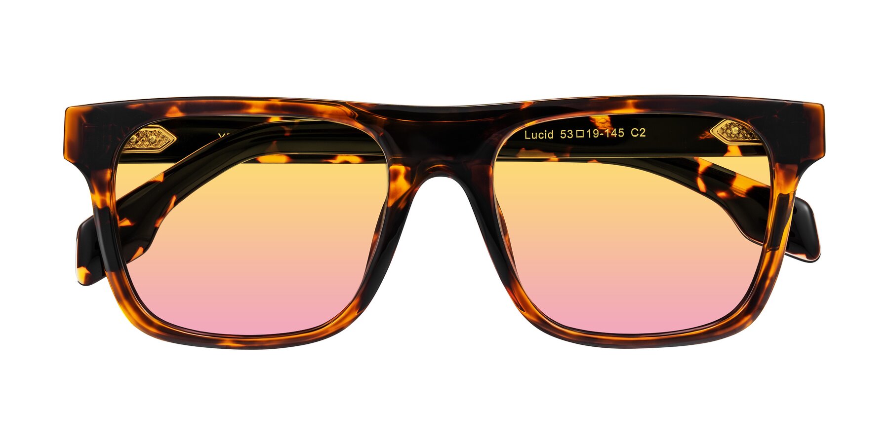 Folded Front of Lucid in Tortoise with Yellow / Pink Gradient Lenses