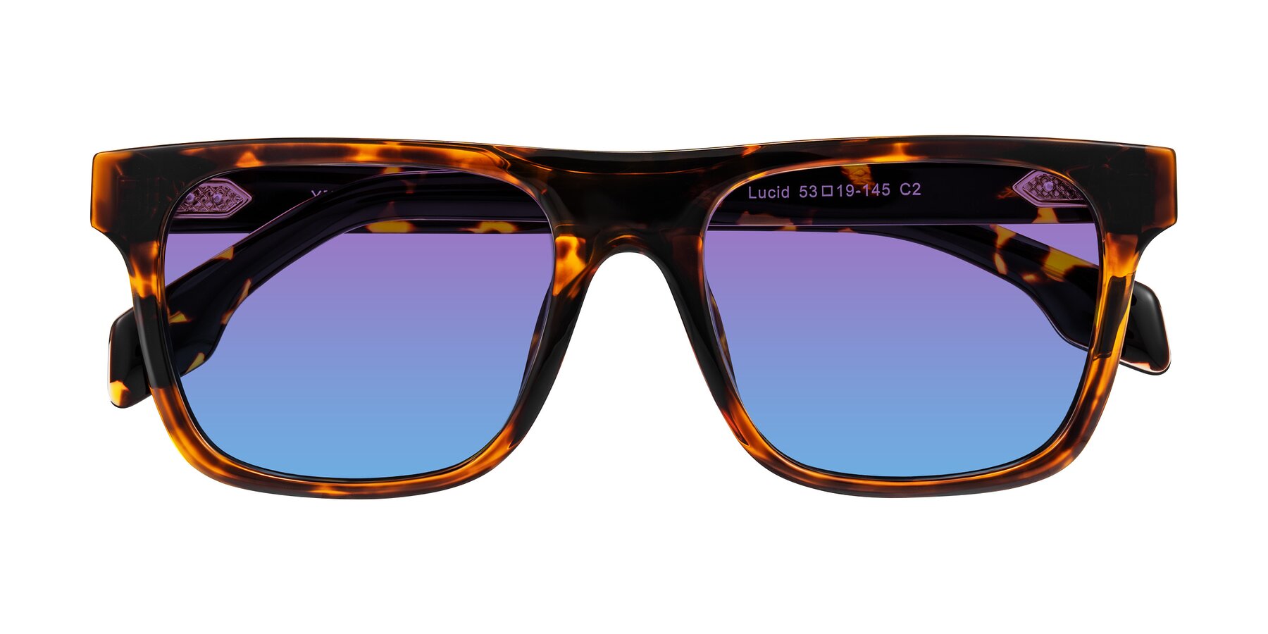 Folded Front of Lucid in Tortoise with Purple / Blue Gradient Lenses