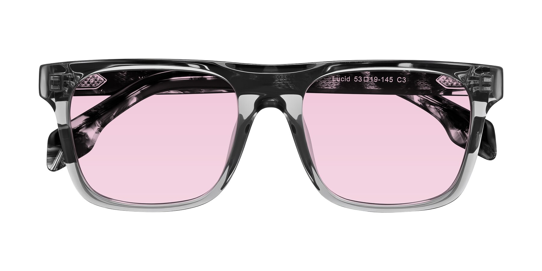 Folded Front of Lucid in Transparent Gray/Tortoise with Light Pink Tinted Lenses