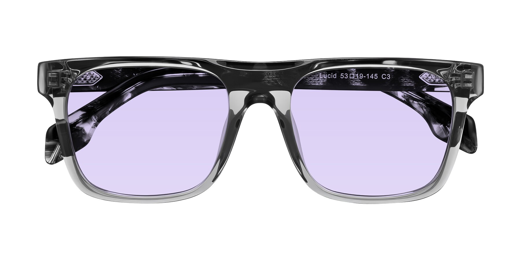 Folded Front of Lucid in Transparent Gray/Tortoise with Light Purple Tinted Lenses