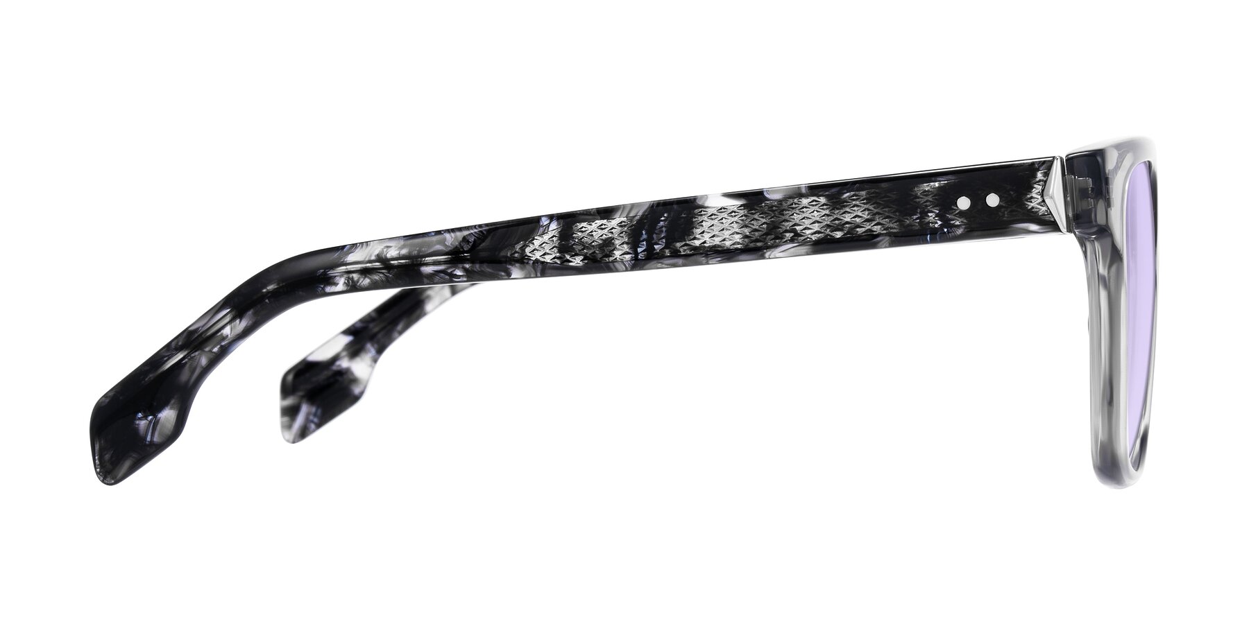 Side of Lucid in Transparent Gray/Tortoise with Light Purple Tinted Lenses