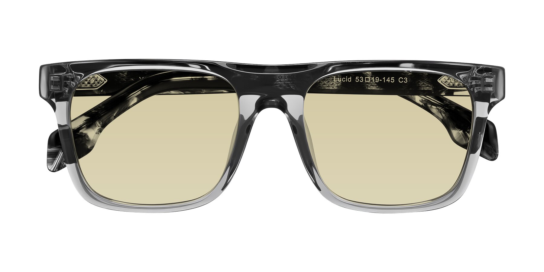 Folded Front of Lucid in Transparent Gray/Tortoise with Light Champagne Tinted Lenses