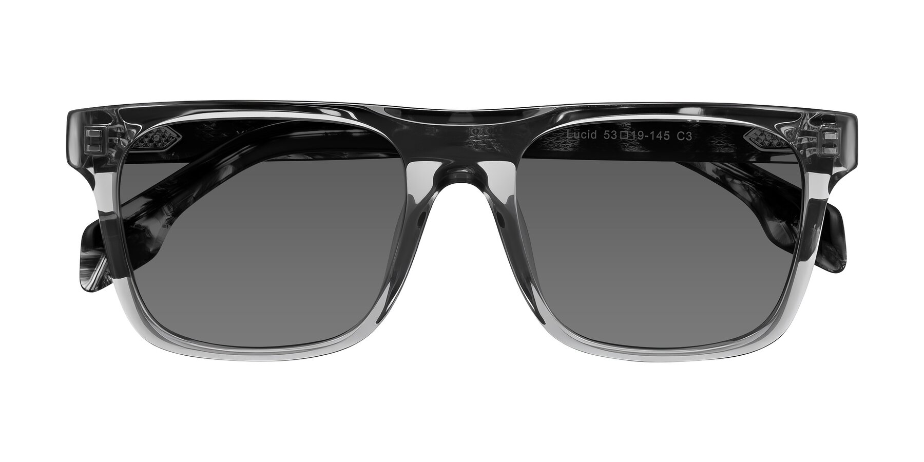 Folded Front of Lucid in Transparent Gray/Tortoise with Medium Gray Tinted Lenses