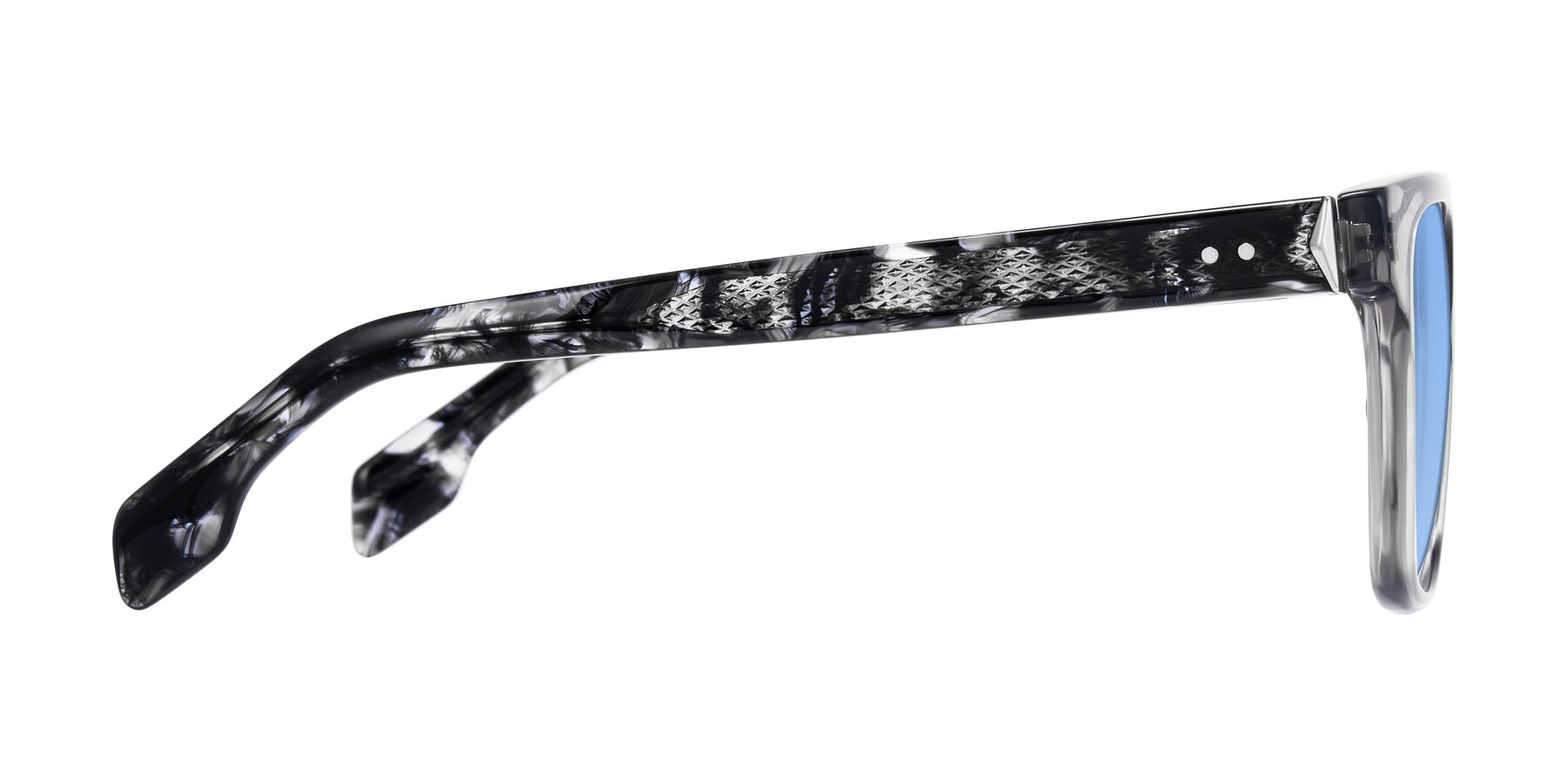 Side of Lucid in Transparent Gray/Tortoise with Medium Blue Tinted Lenses