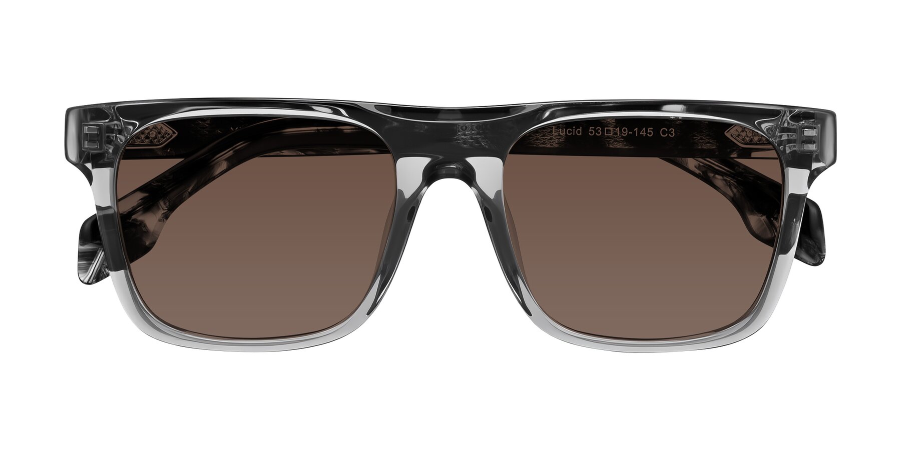 Folded Front of Lucid in Transparent Gray/Tortoise with Brown Tinted Lenses
