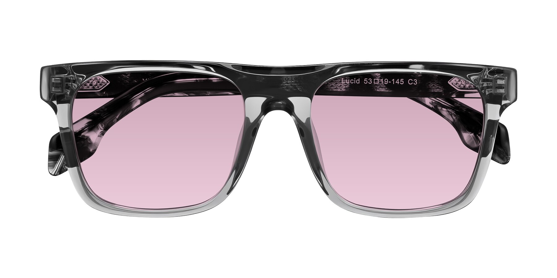 Folded Front of Lucid in Transparent Gray/Tortoise with Light Wine Tinted Lenses