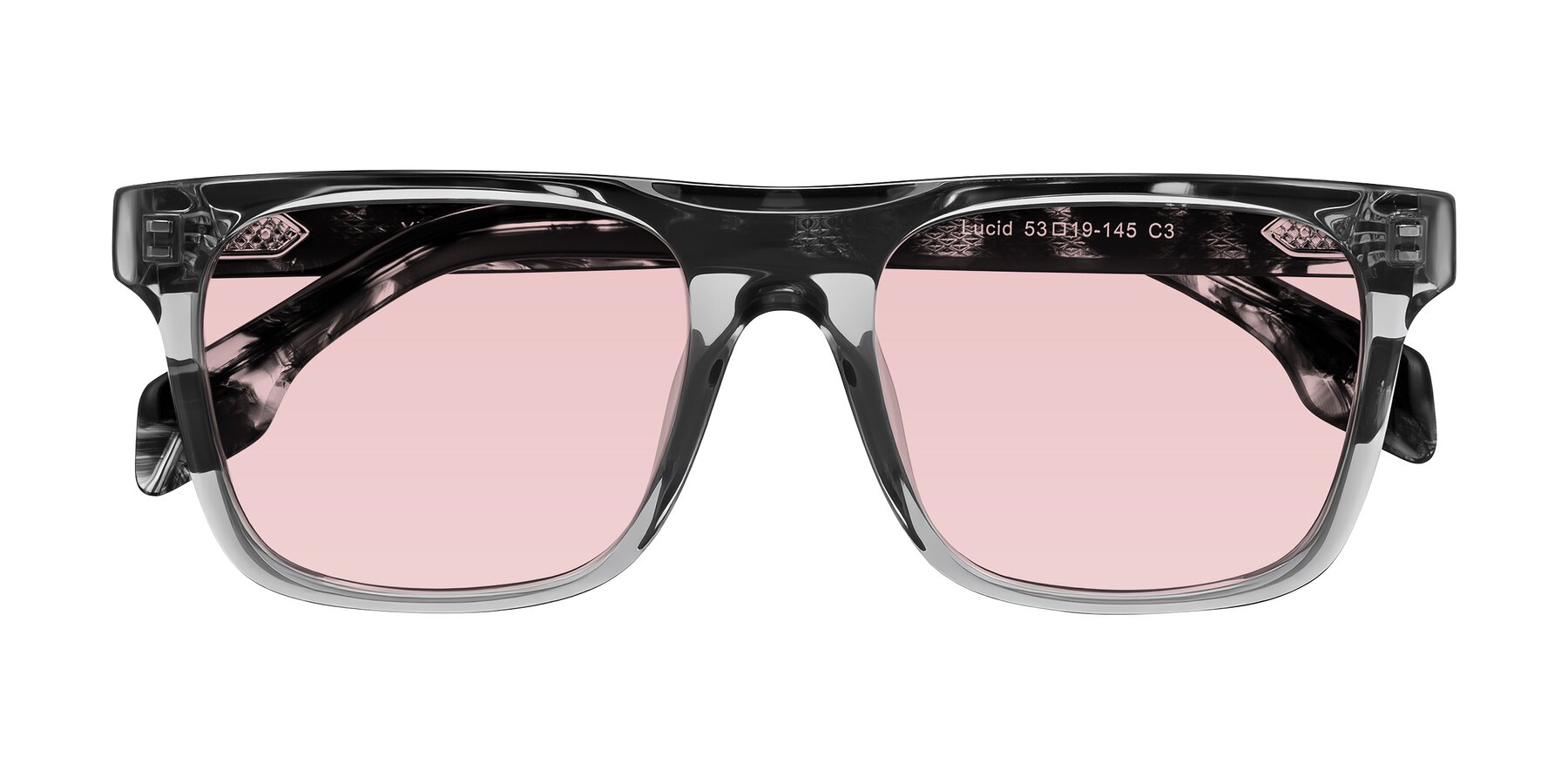 Folded Front of Lucid in Transparent Gray/Tortoise with Light Garnet Tinted Lenses