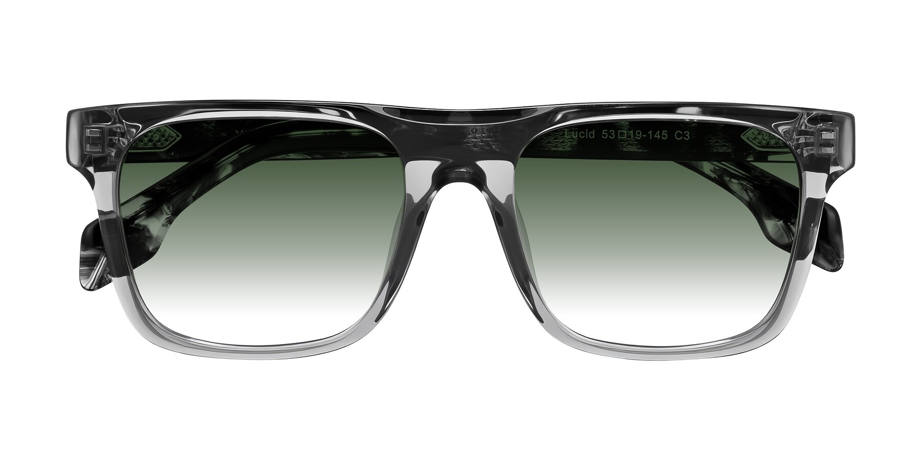 Folded Front of Lucid in Transparent Gray/Tortoise with Green Gradient Lenses