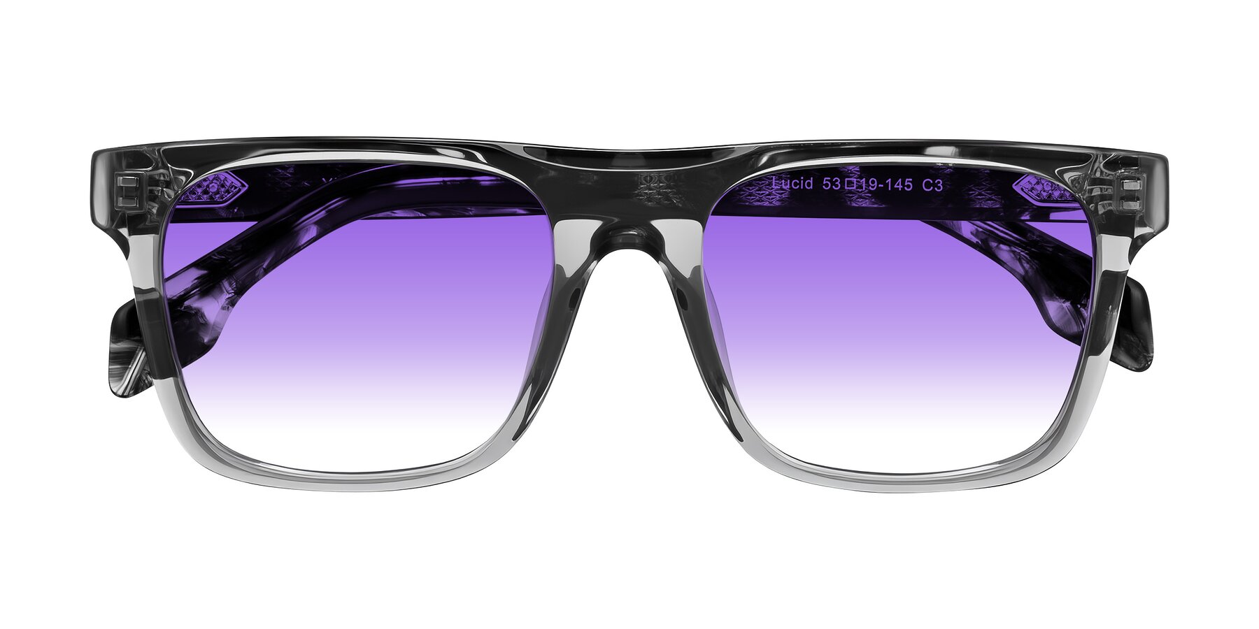 Folded Front of Lucid in Transparent Gray/Tortoise with Purple Gradient Lenses