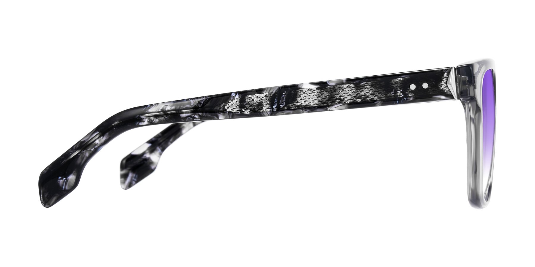 Side of Lucid in Transparent Gray/Tortoise with Purple Gradient Lenses