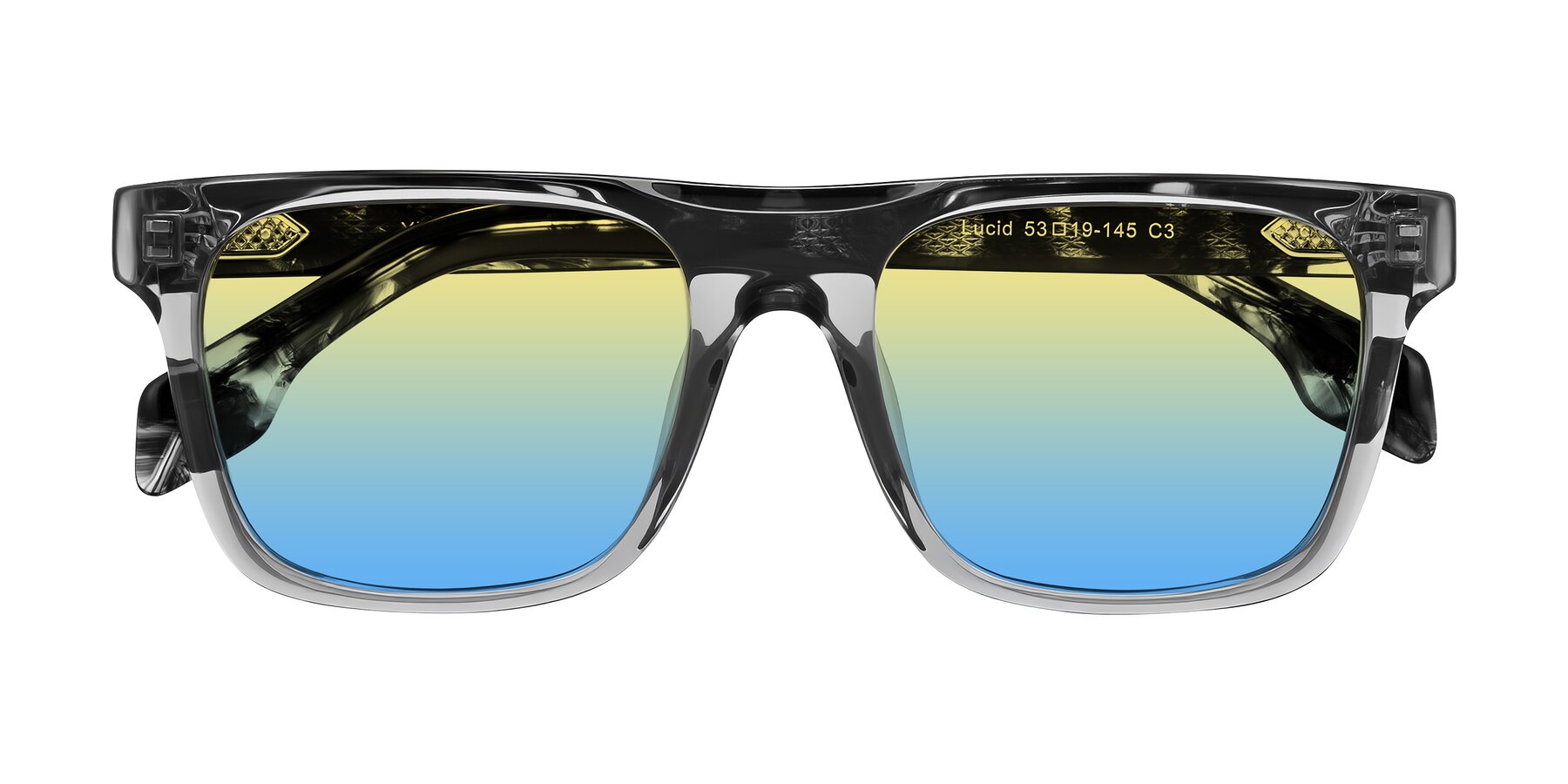 Folded Front of Lucid in Transparent Gray/Tortoise with Yellow / Blue Gradient Lenses