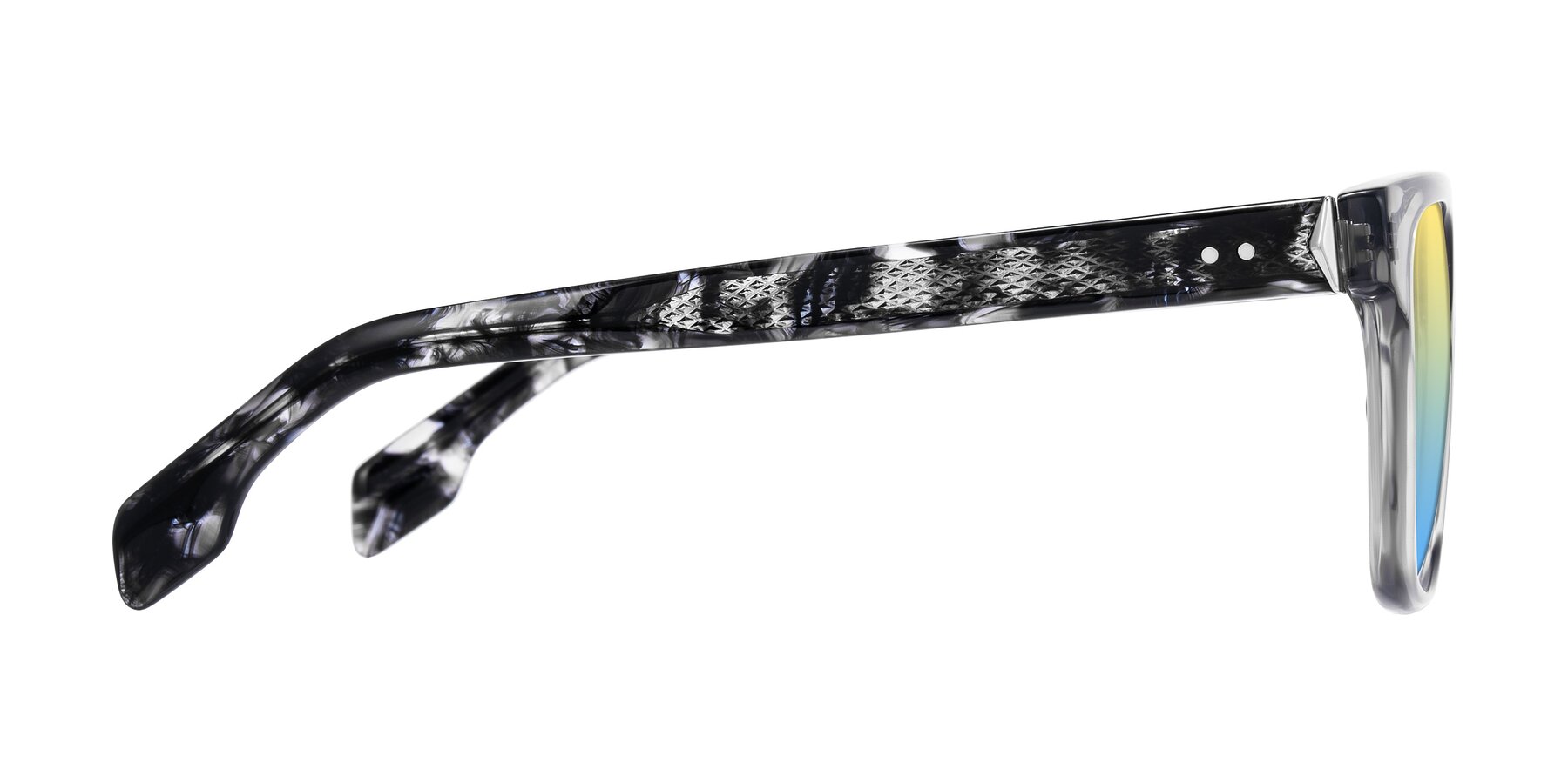 Side of Lucid in Transparent Gray/Tortoise with Yellow / Blue Gradient Lenses